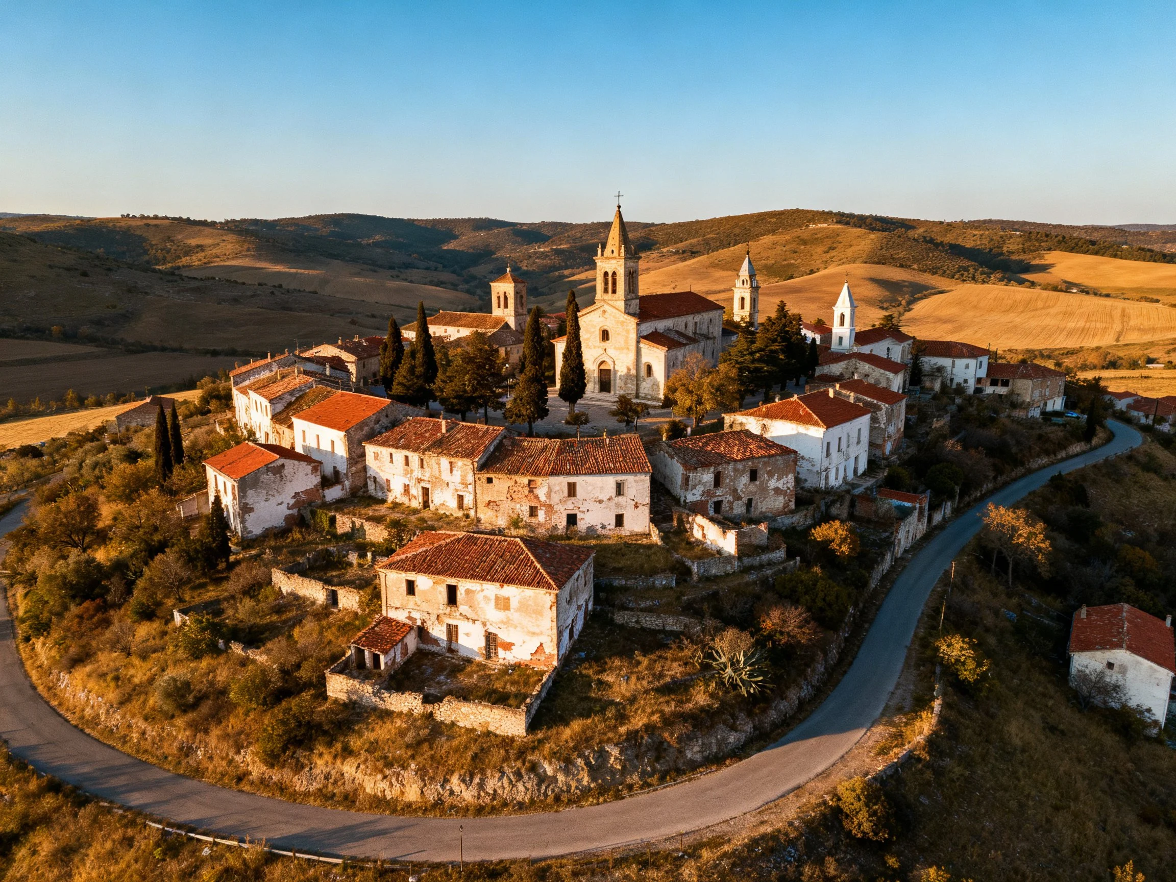 A historic village with white-washed homes and red-tiled roofs on a hillside