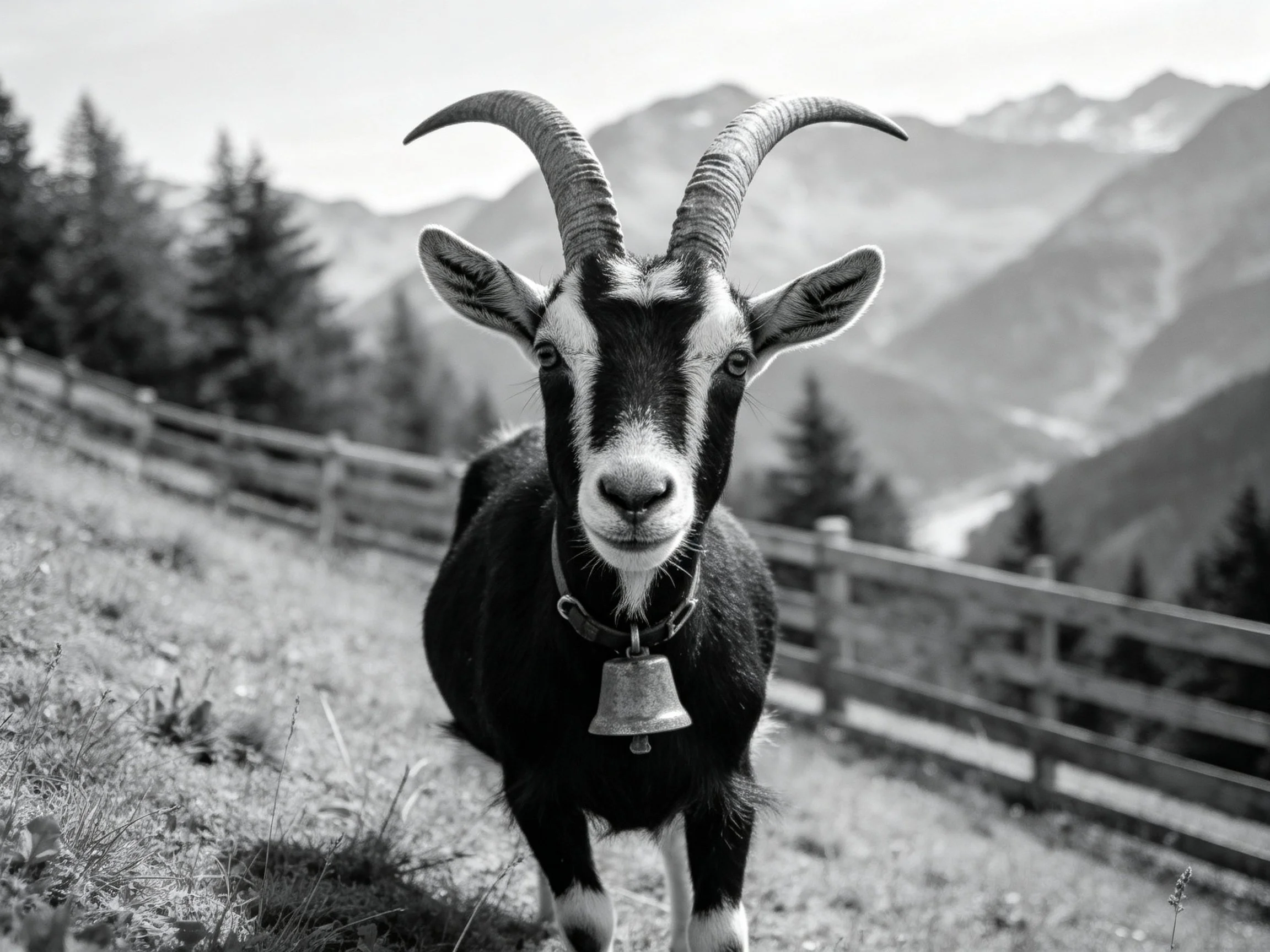 A horned goat with a bell in a mountainous pasture