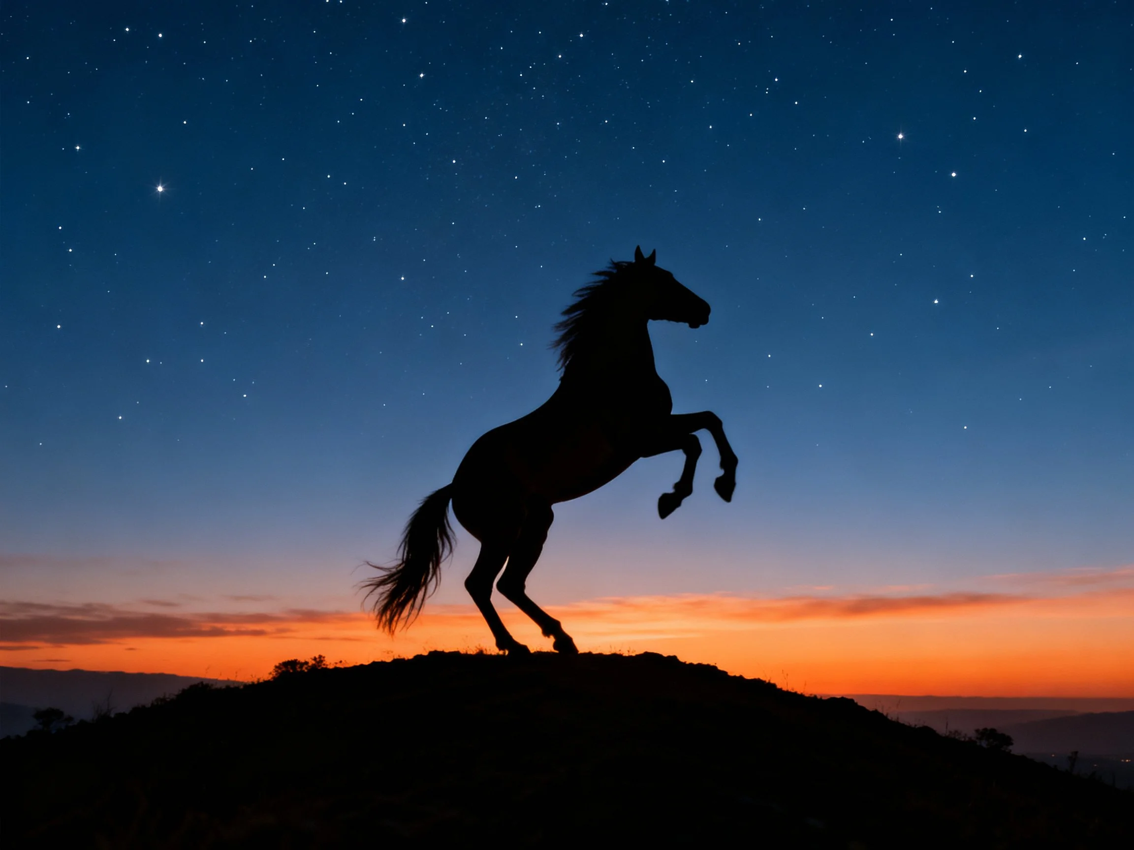 A horse silhouette rears atop a hill beneath a starry twilight sky