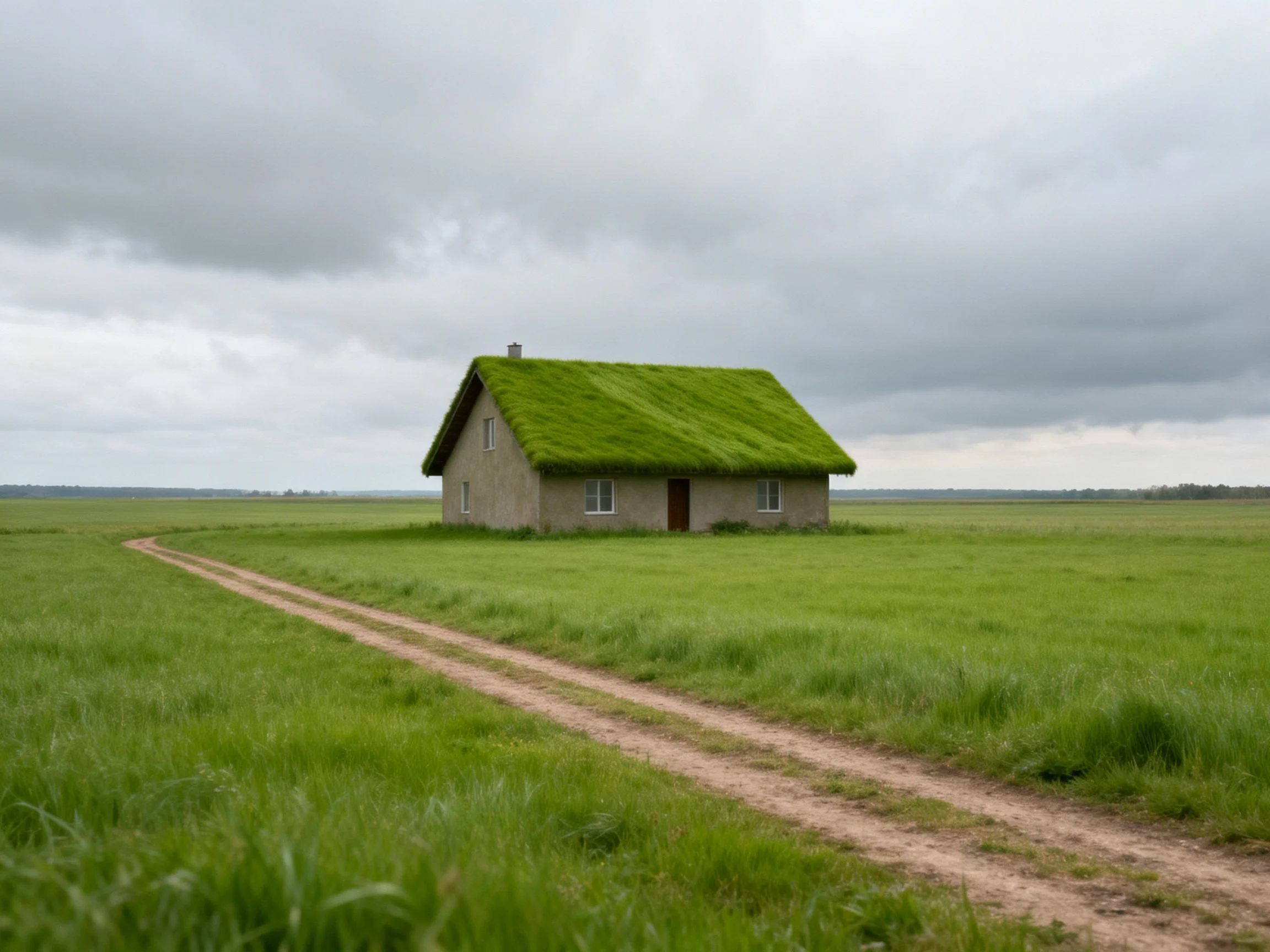 A house with a lush green roof in an expansive field