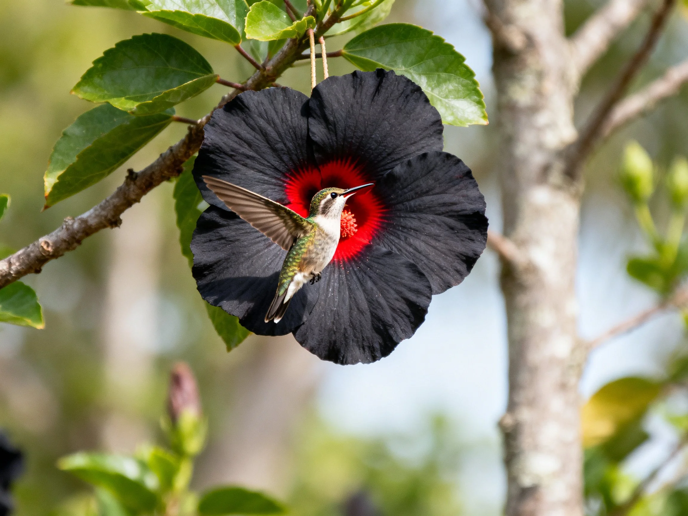 A hummingbird feeds from a large black hibiscus with red center near green foliage