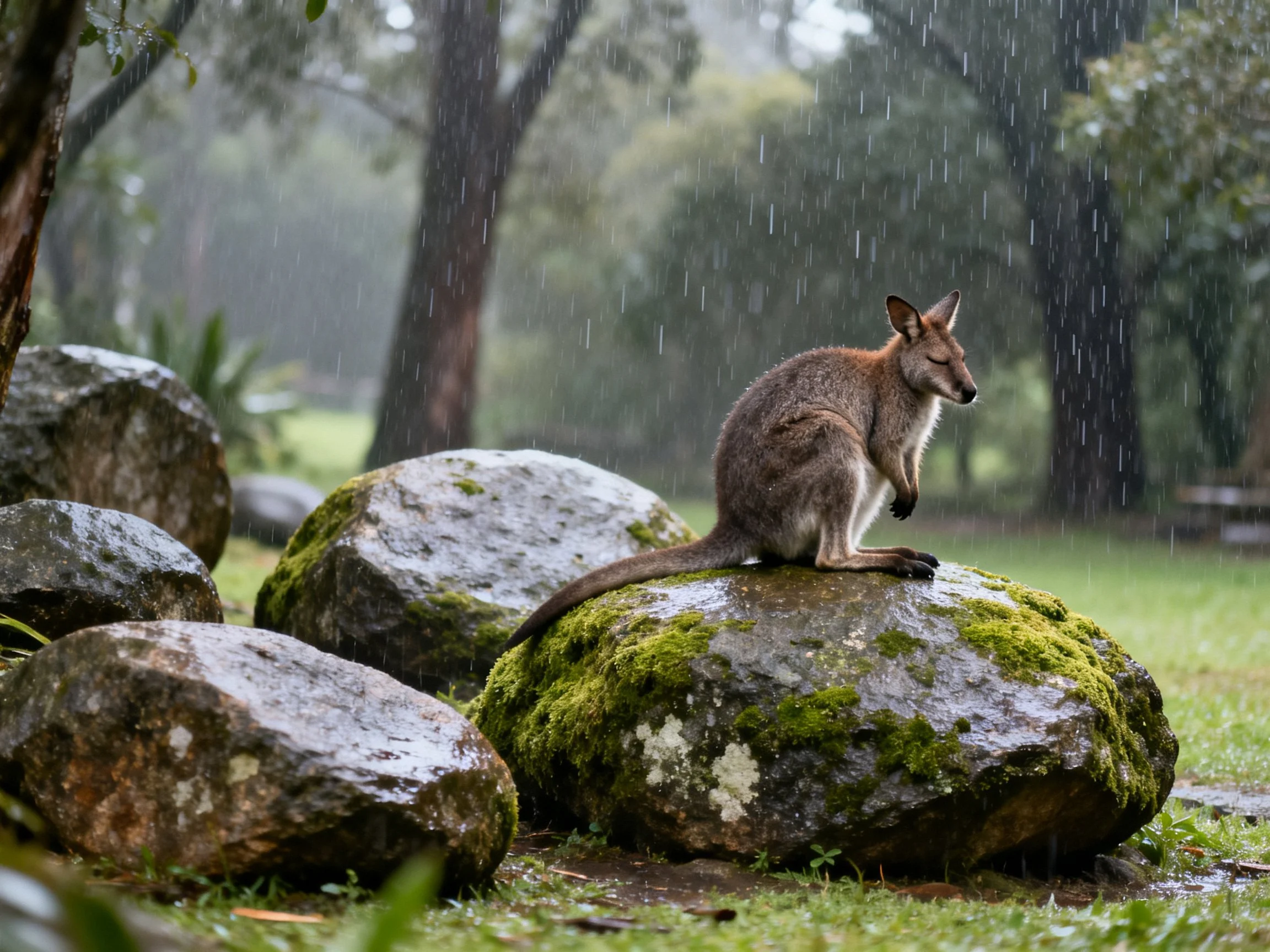 A kangaroo sits on moss-covered rocks in a rainy forest