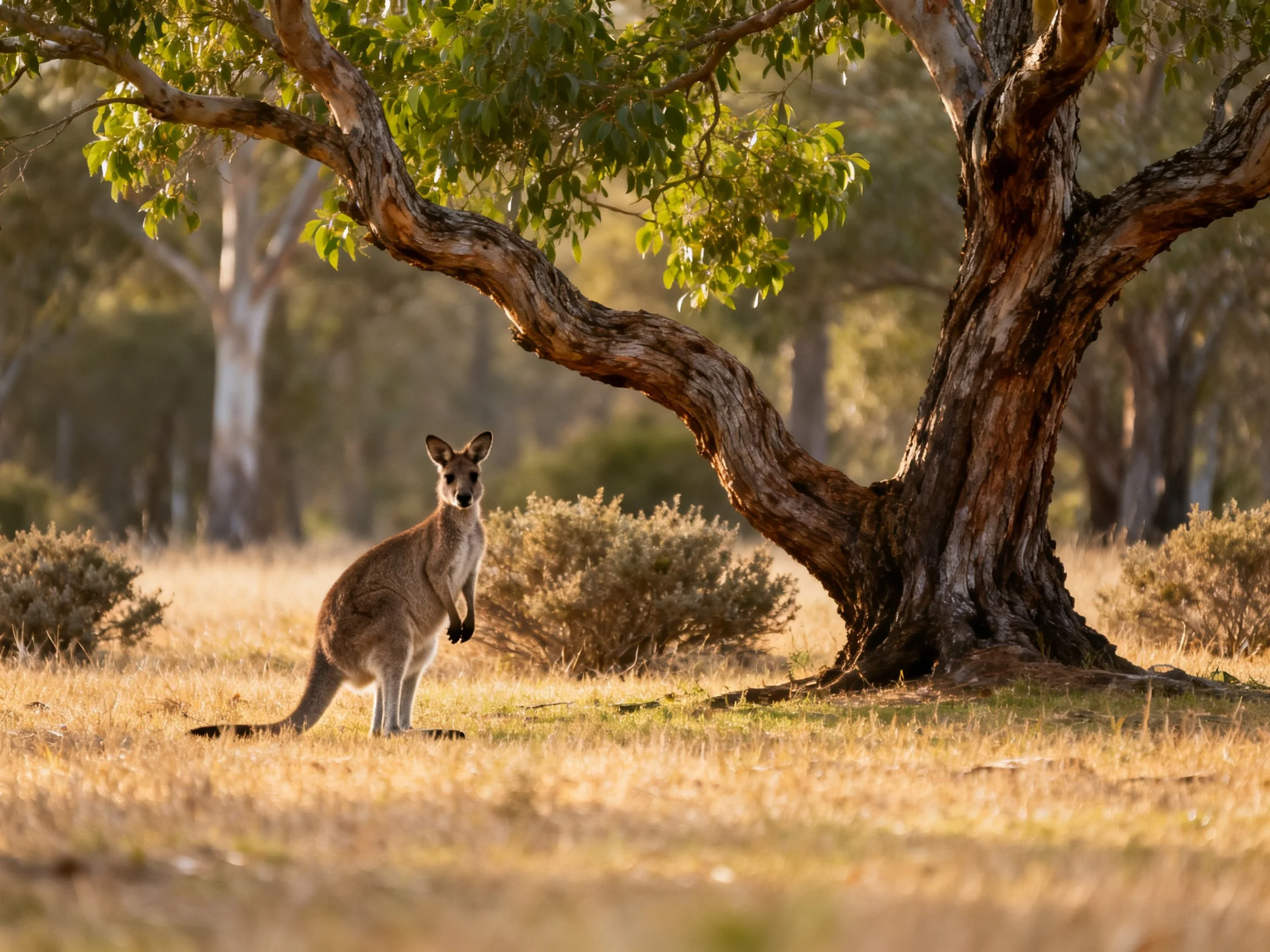 A kangaroo stands near a gnarled eucalyptus tree in golden light
