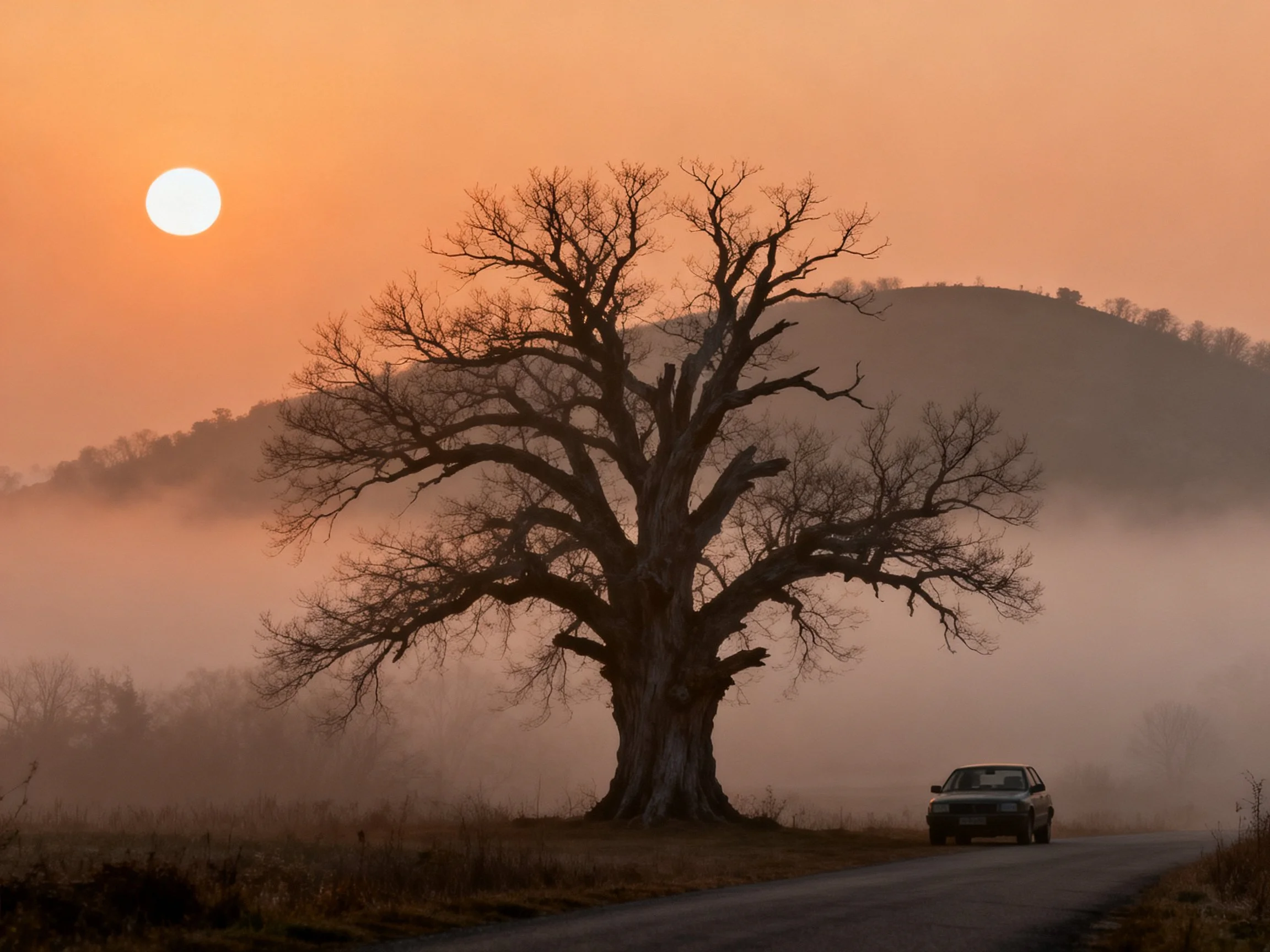 A large bare tree by a road under an orange morning sky