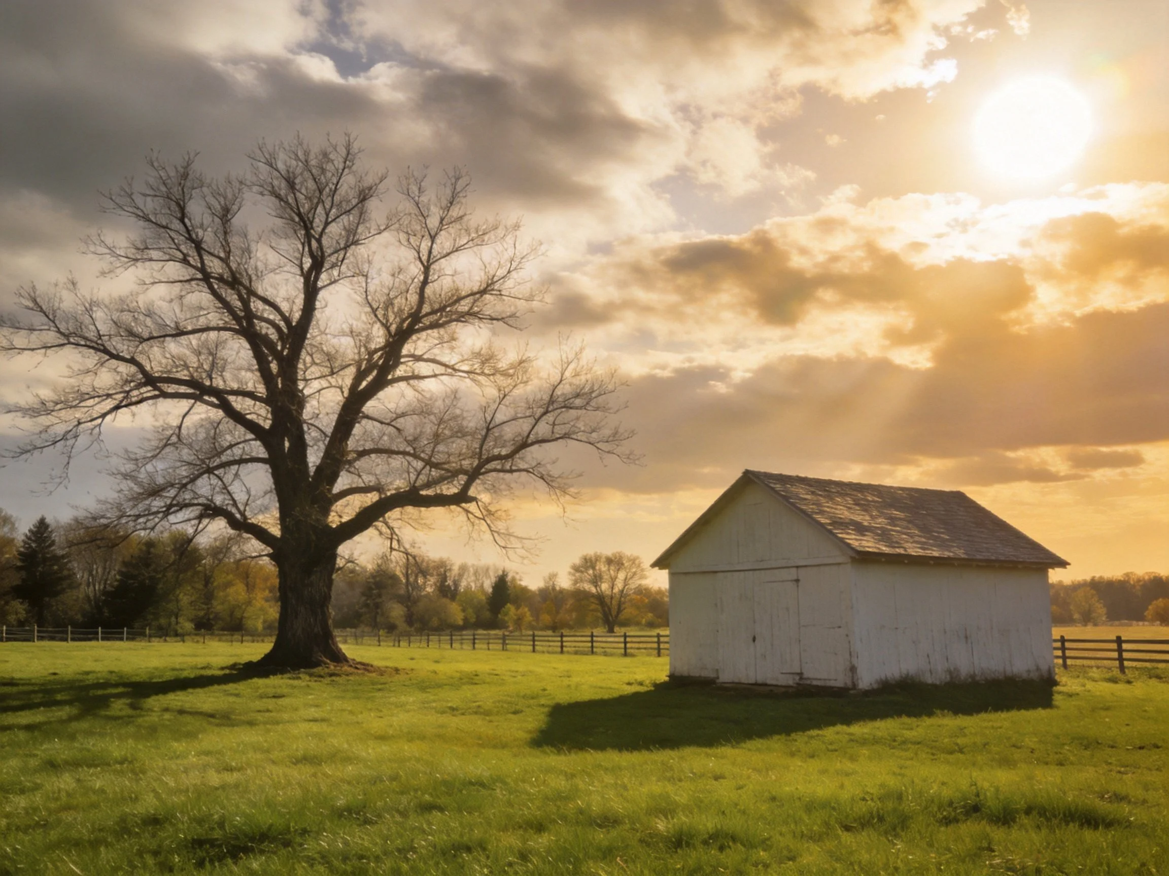 A large bare tree next to a white shed under golden sunset light
