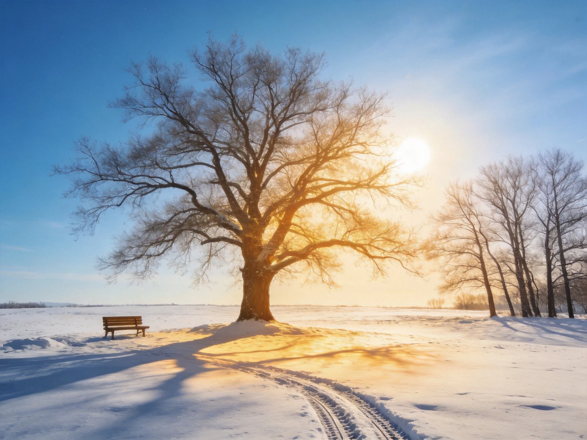 A large bare tree stands in a snow - covered field under bright sunlight