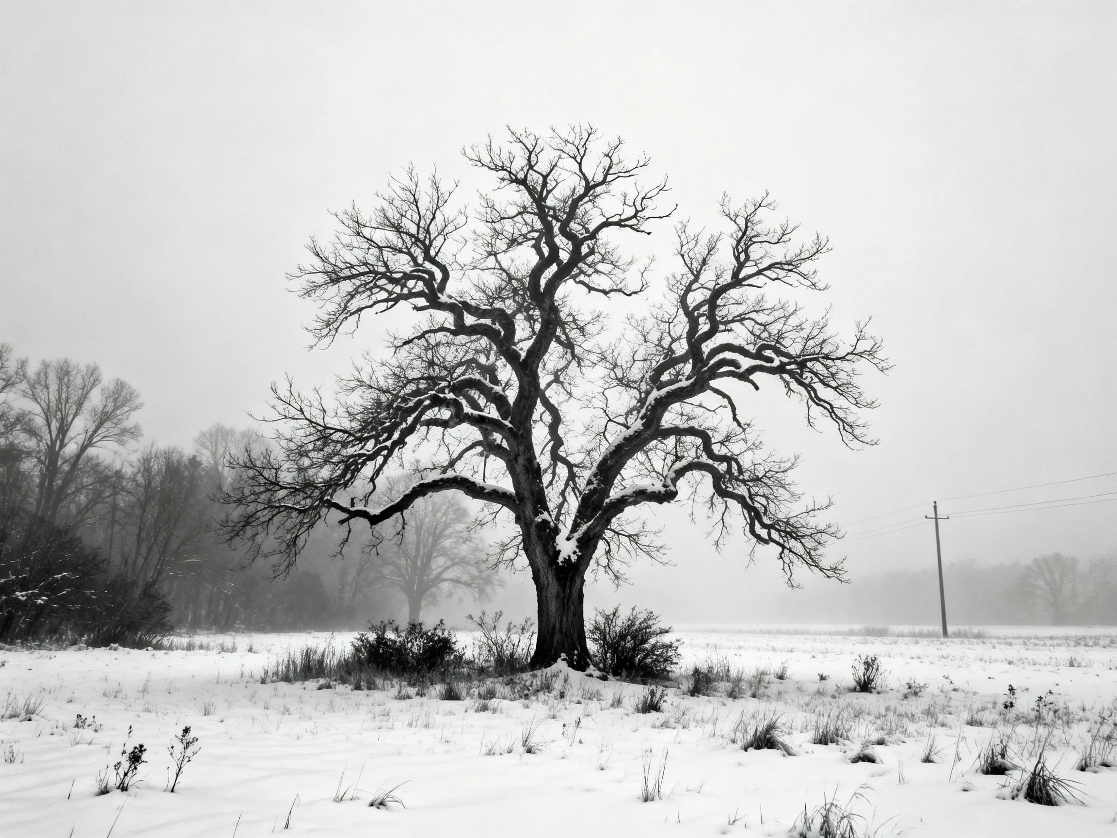 A large bare tree stands in a snow-covered open field