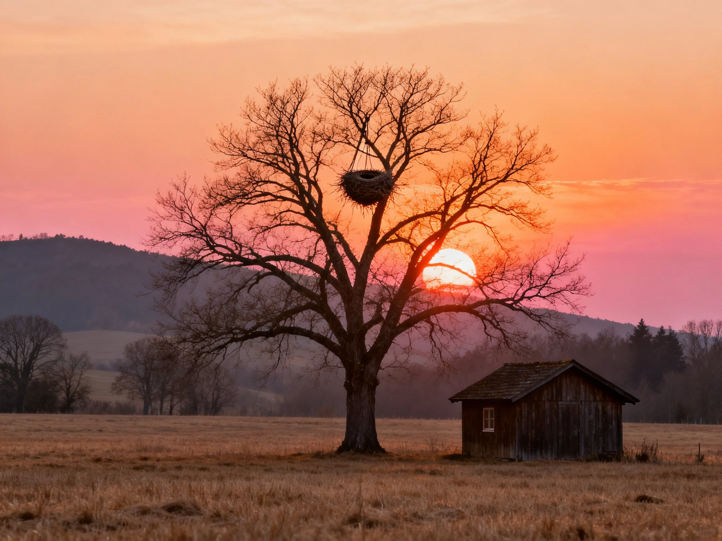 A large bare tree with a nest near an old wooden shed at sunset