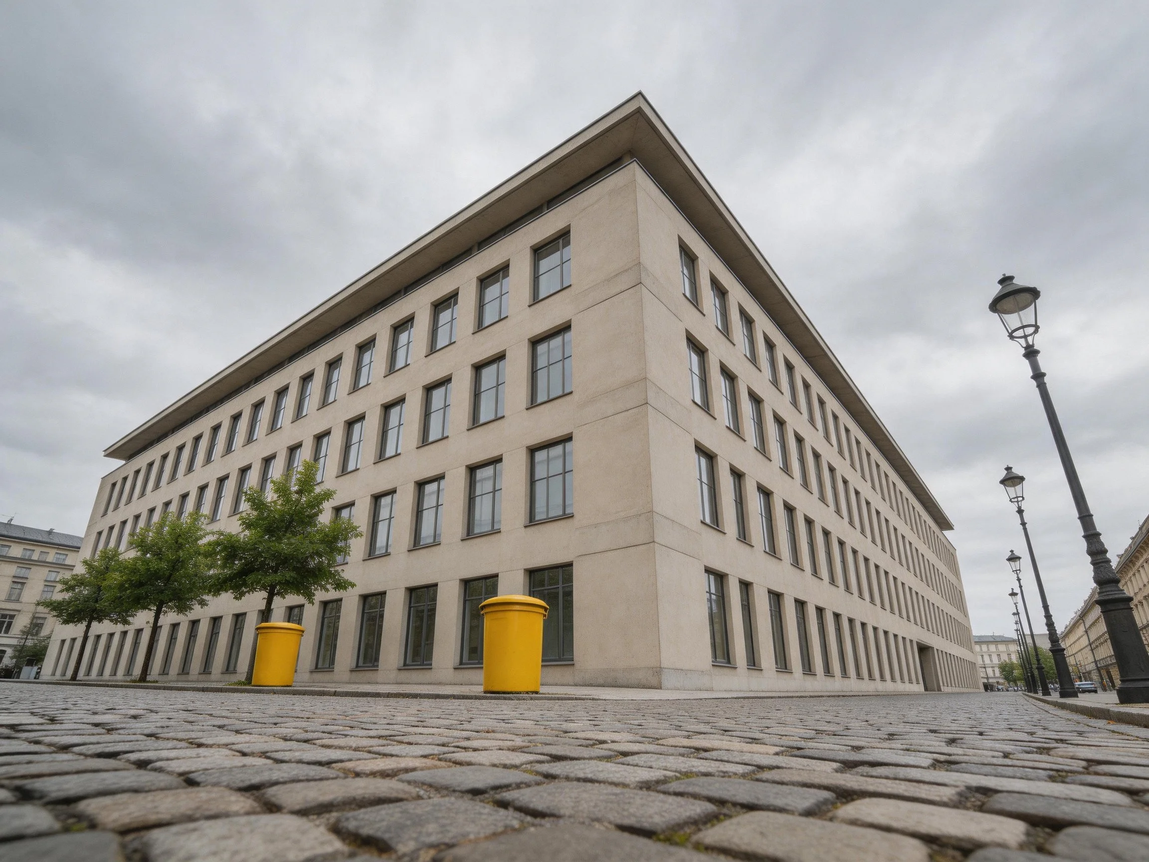 A large beige multi-story building with yellow planters and cobblestone pavement