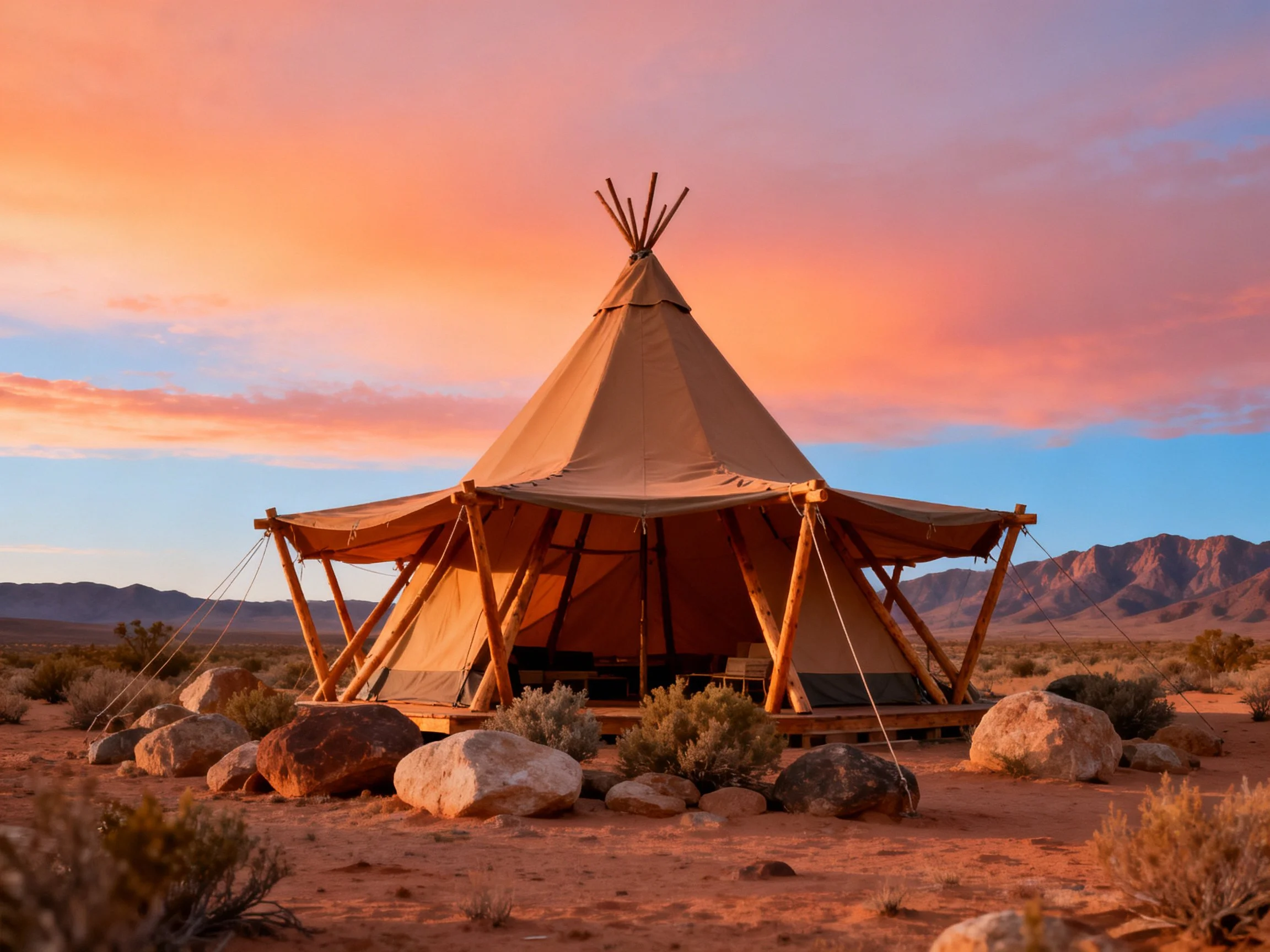 A large beige teepee tent in a rocky desert landscape under colorful sunset skies