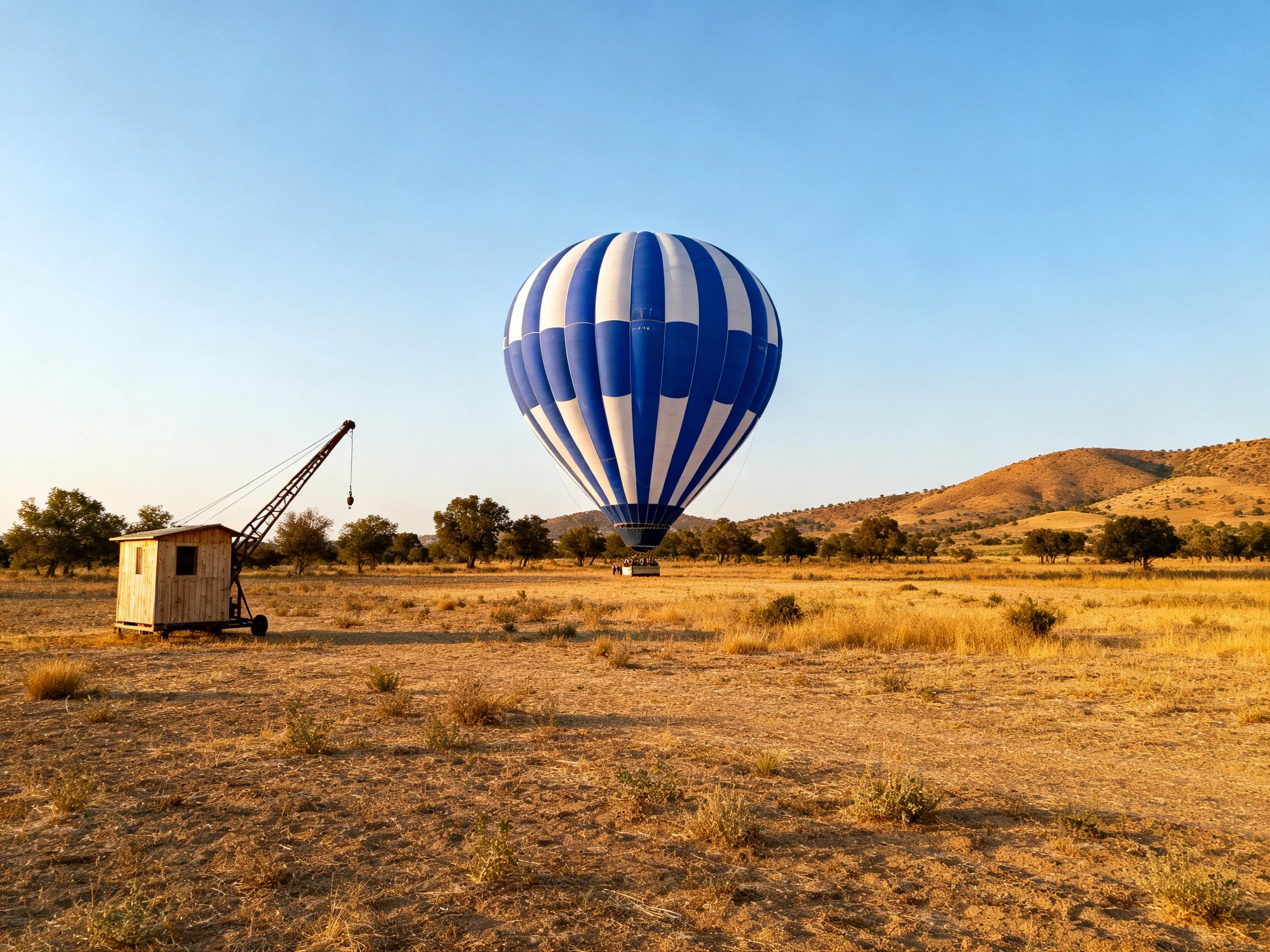 A large blue-and-white striped hot air balloon rests near a wooden structure in an arid field