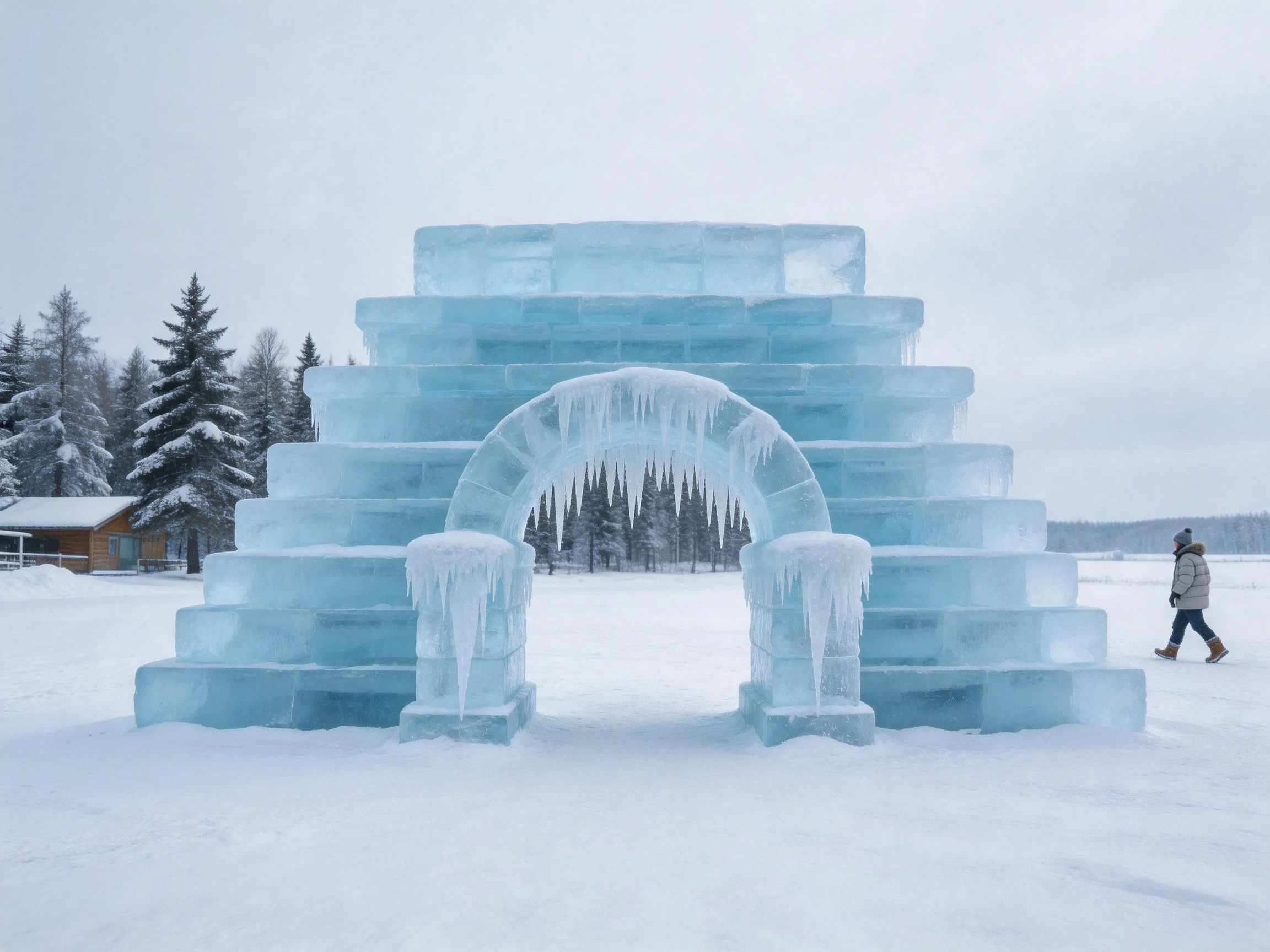 A large blue ice block arch in a snowy landscape