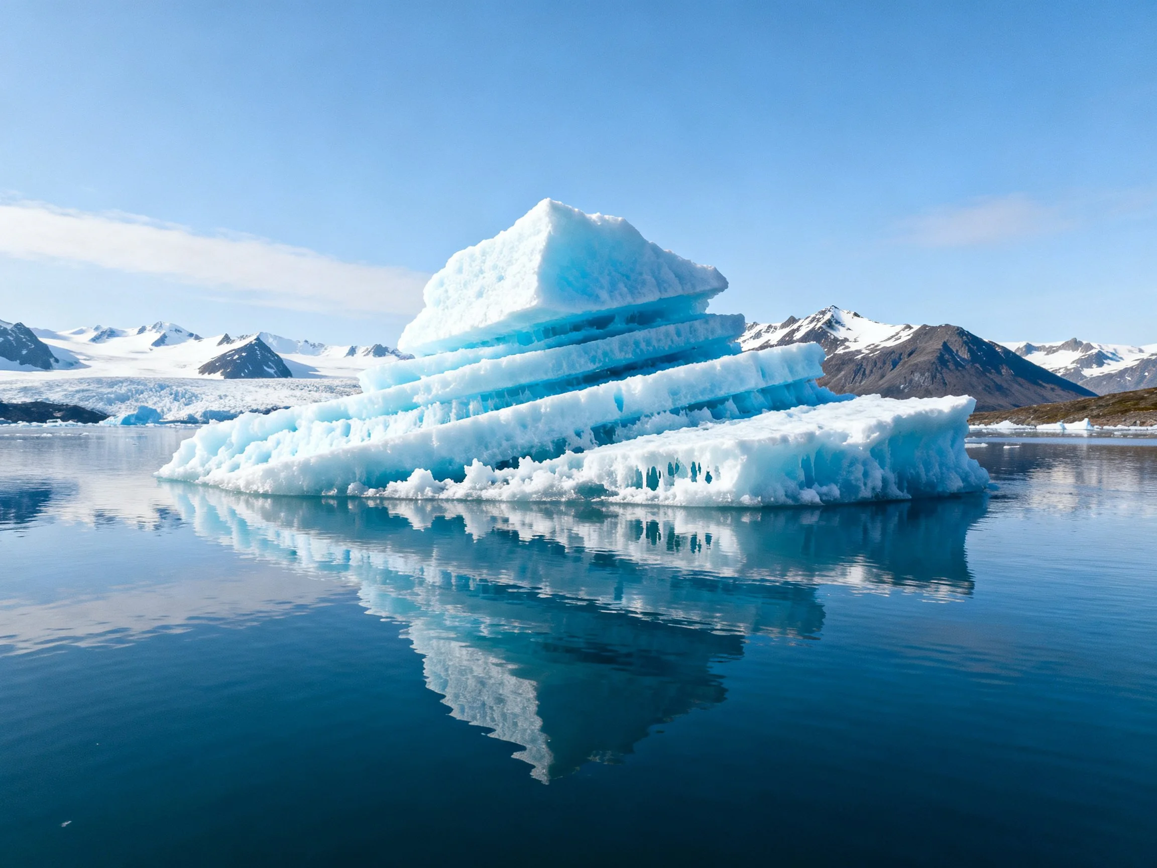 A large blue iceberg with layered structure floats in calm waters near snow-capped mountains