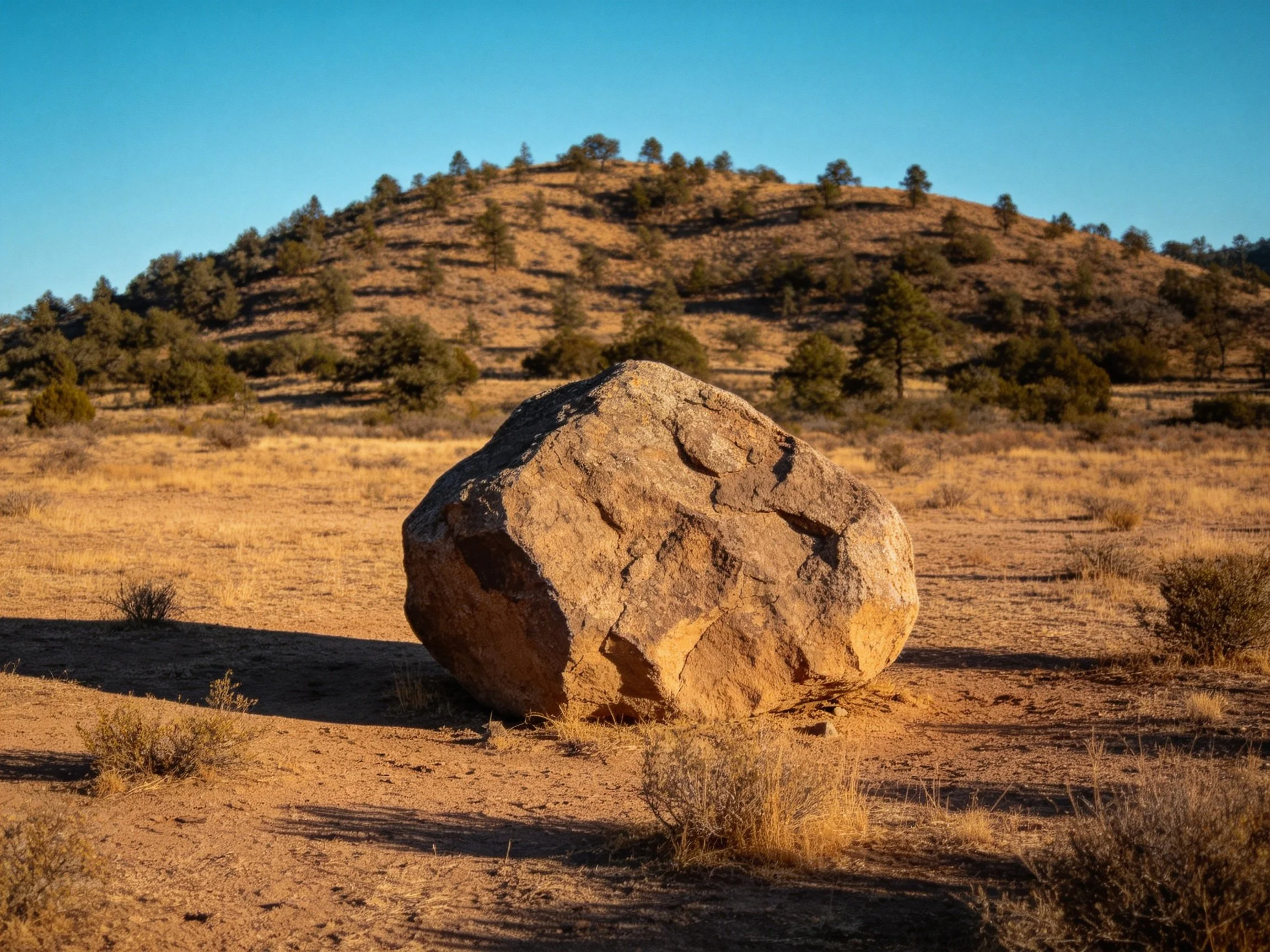 A large boulder rests in a dry, hilly landscape with scattered trees