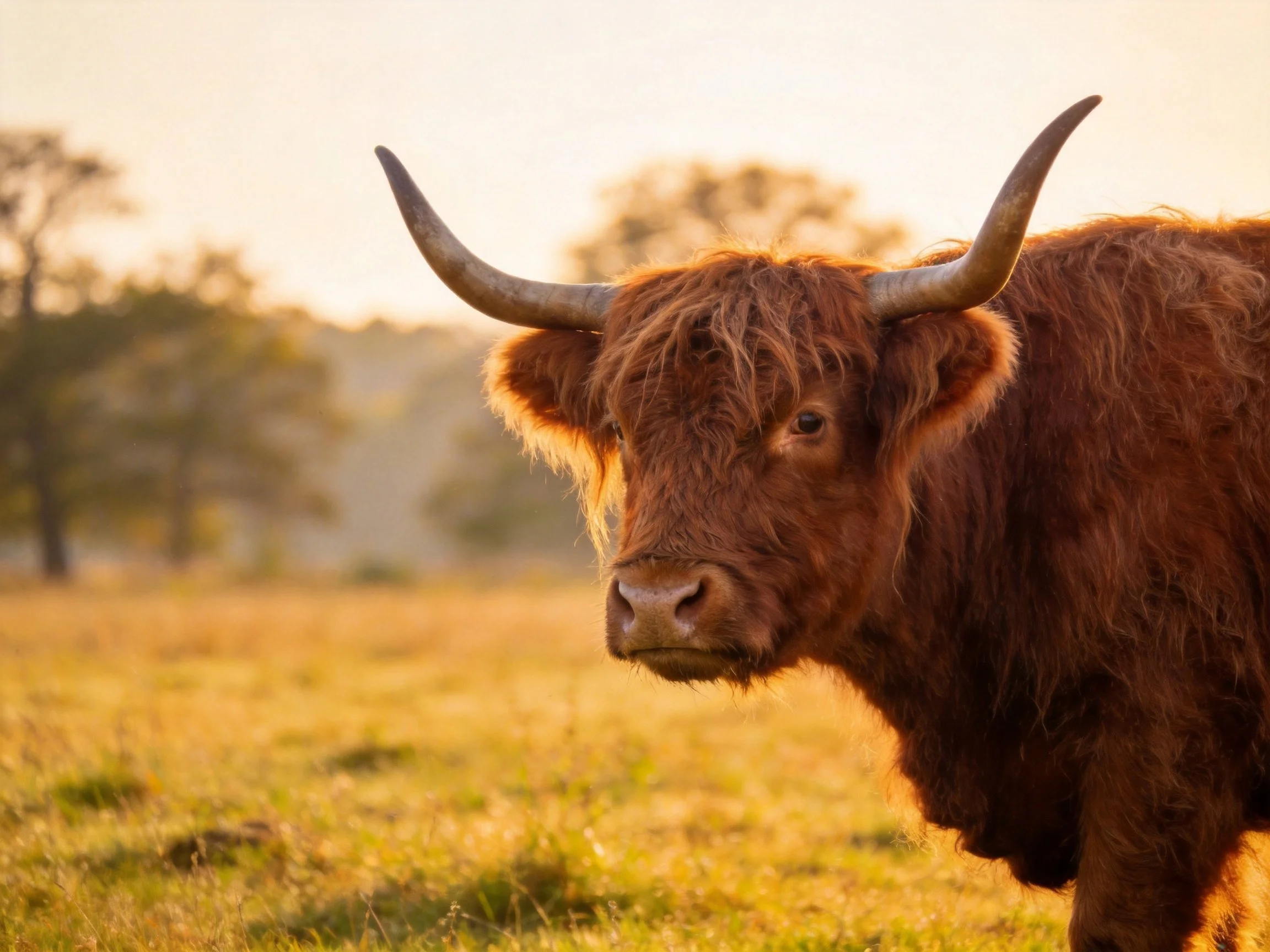 A large brown Highland cow with curved horns in a golden field