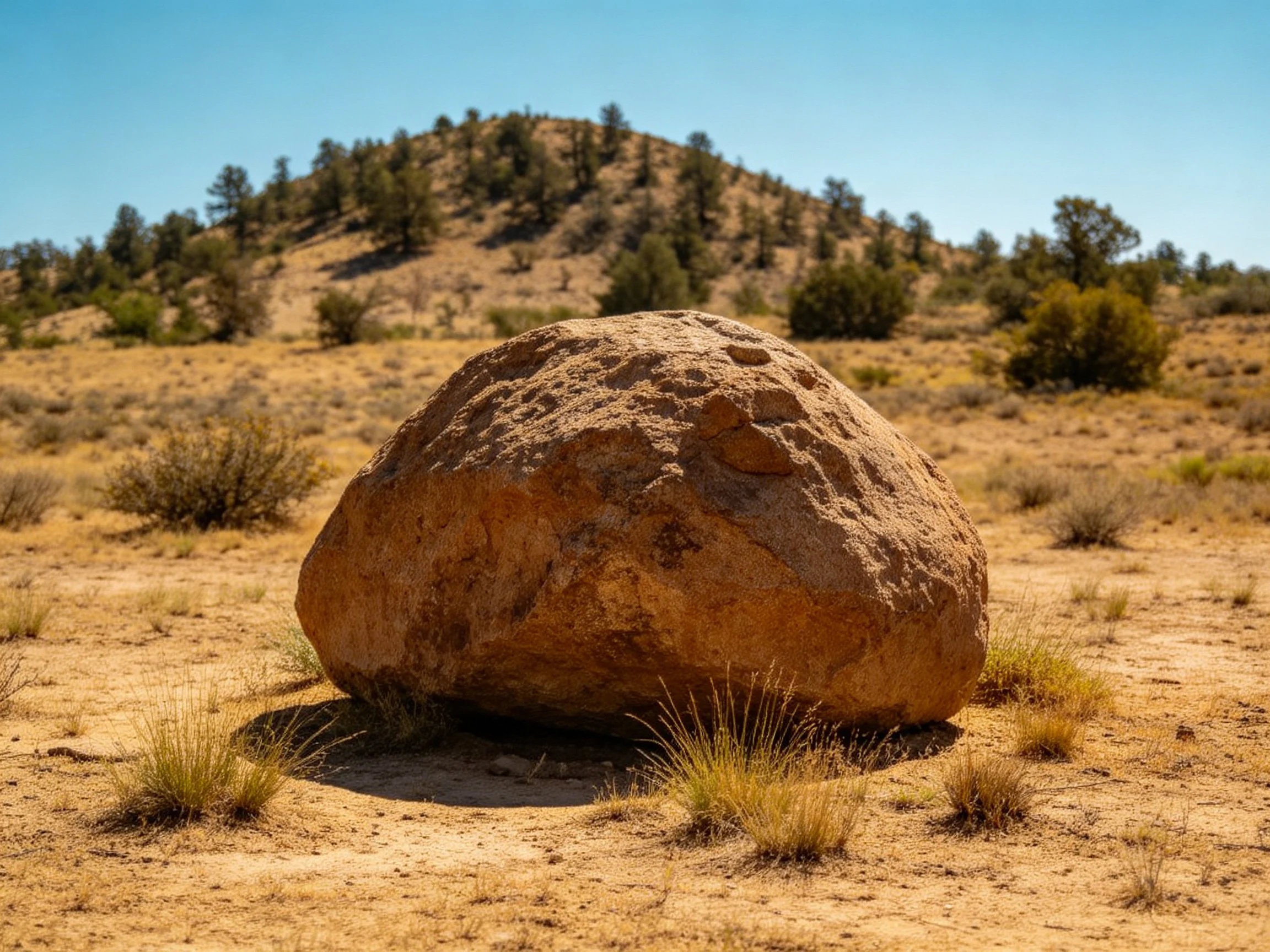 A large brown boulder in a dry desert with scattered shrubs