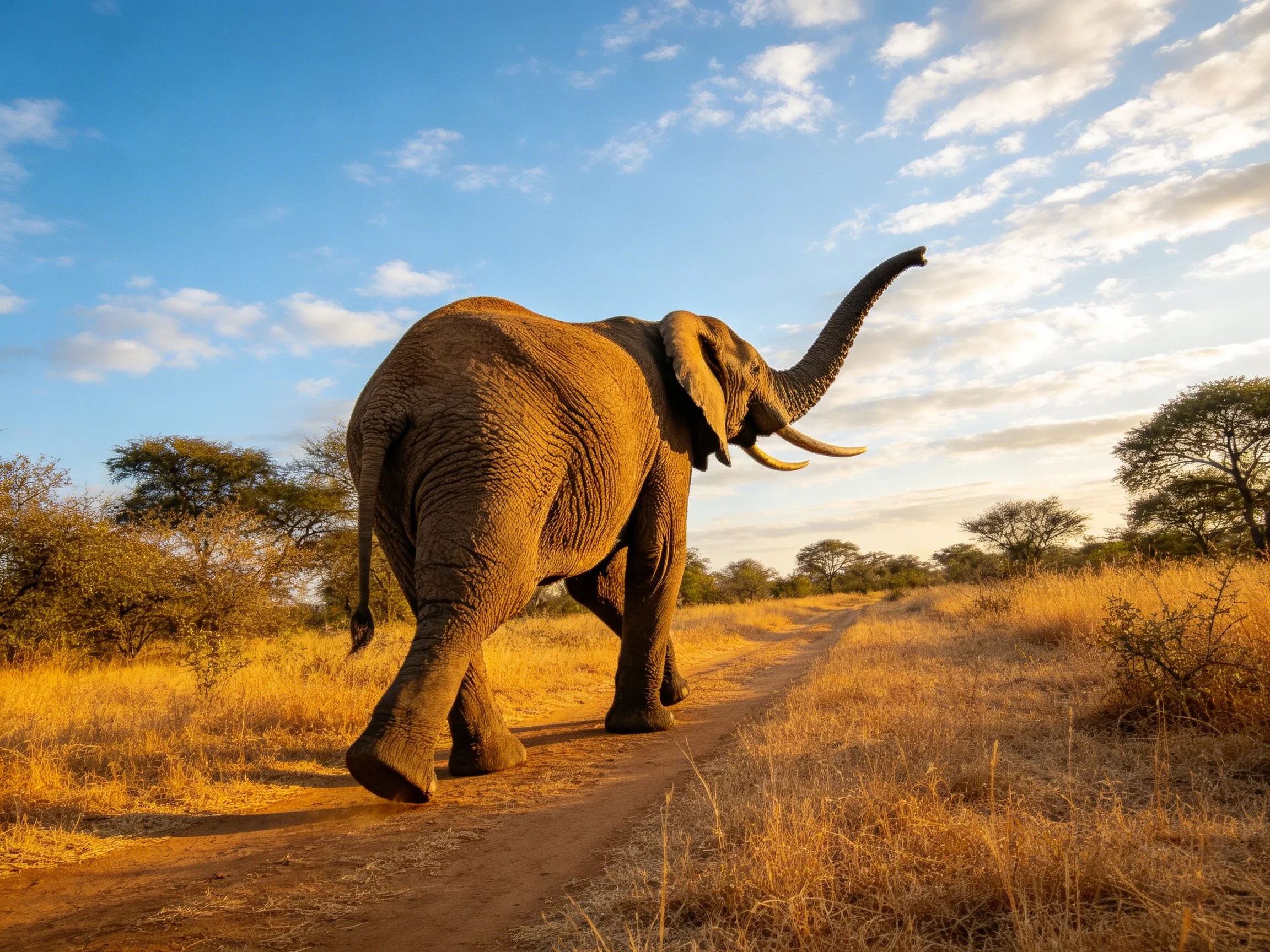 A large brown elephant walks along a dusty savannah path