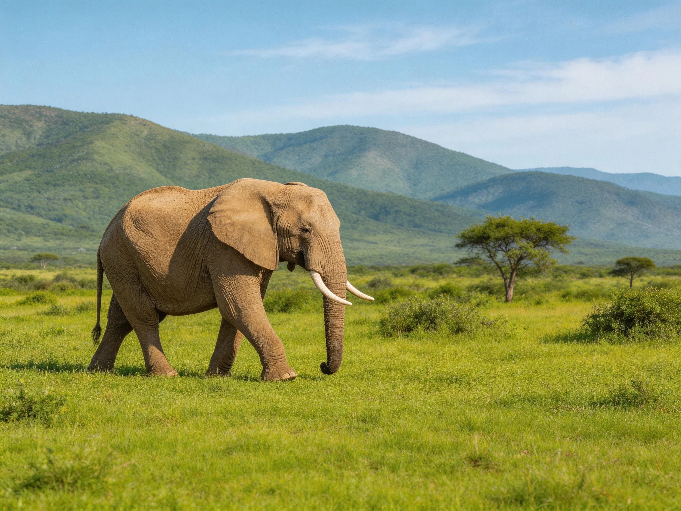 A large brown elephant walks through lush green savannah near rolling hills