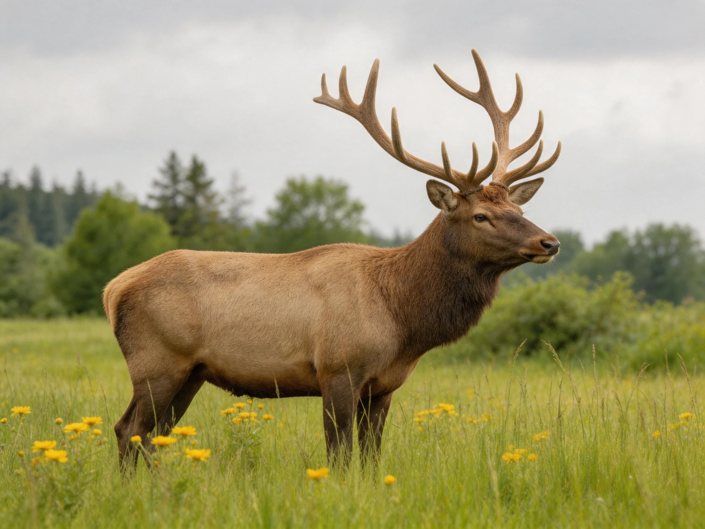 A large brown elk with massive antlers stands in a green meadow