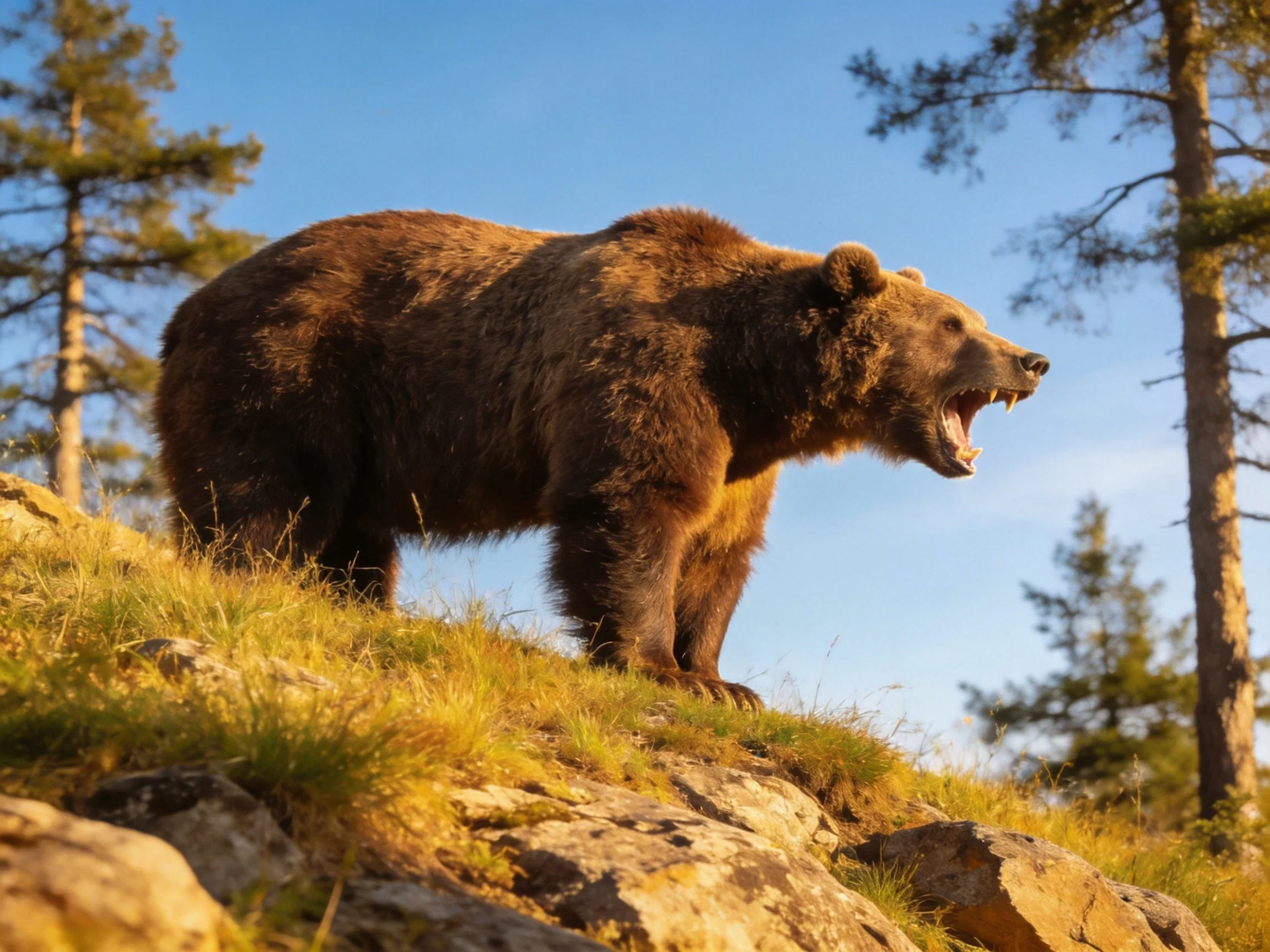 A large brown grizzly bear roaring on rocky hillside