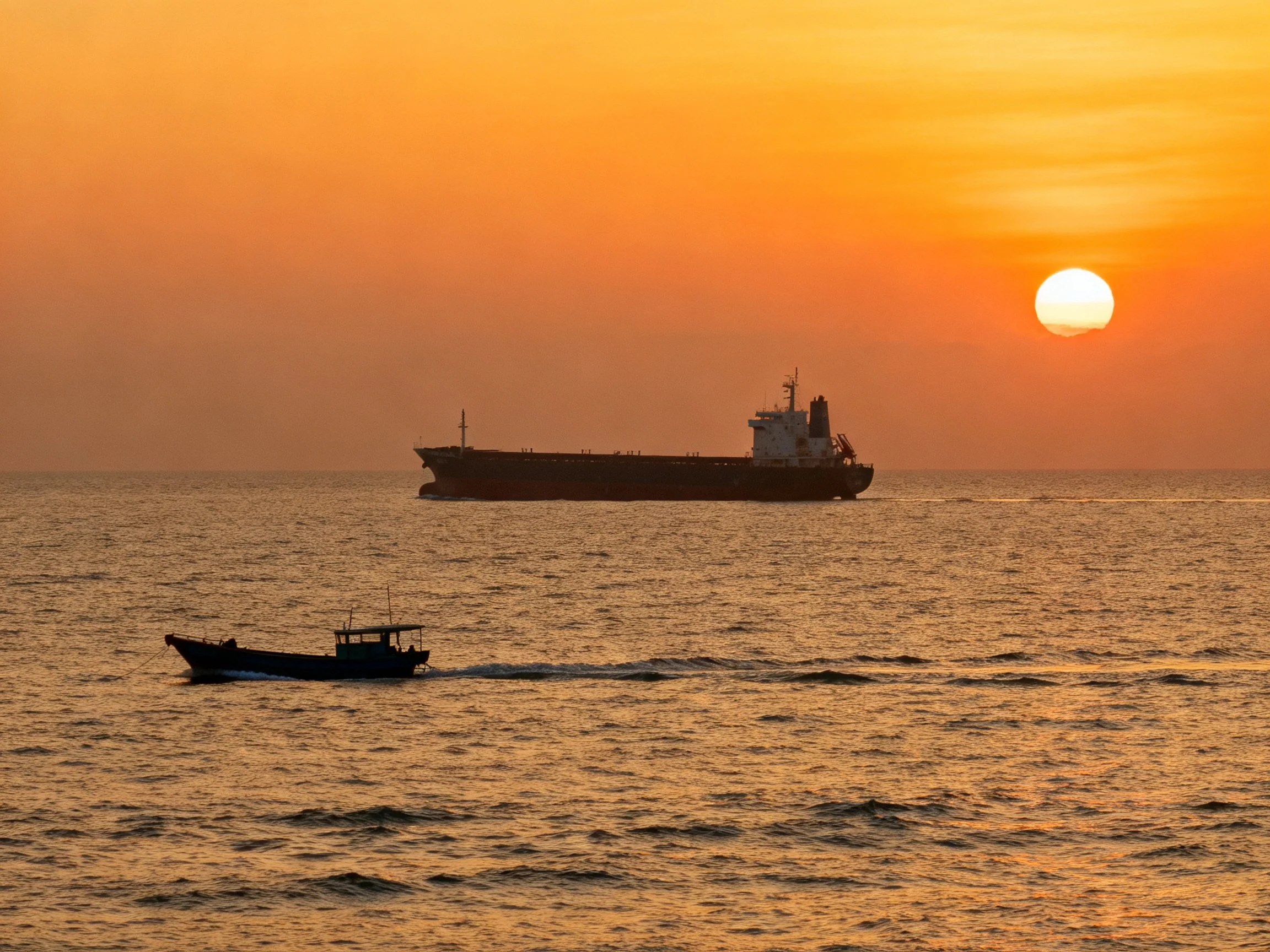 A large cargo ship and small boat sail on calm waters at sunset