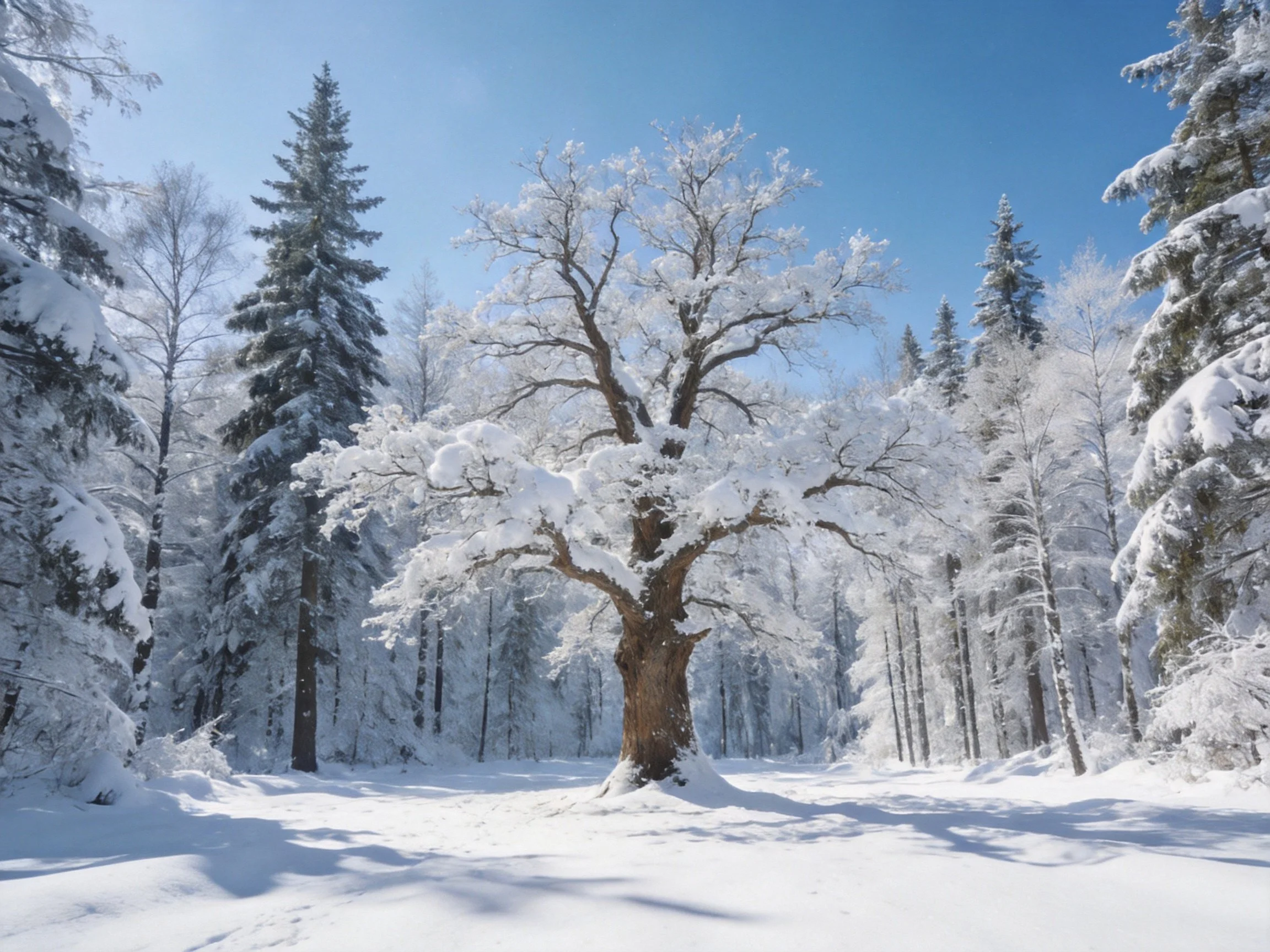 A large central tree blanketed in snow among tall evergreens under clear blue sky