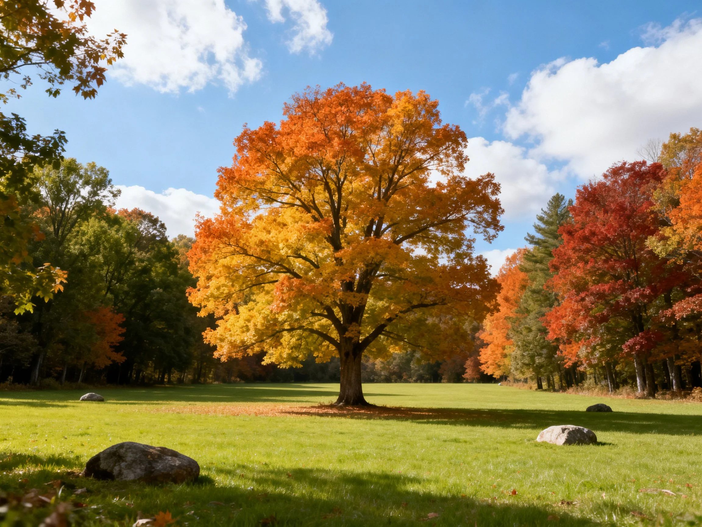 A large central tree with vibrant fall foliage in a grassy clearing