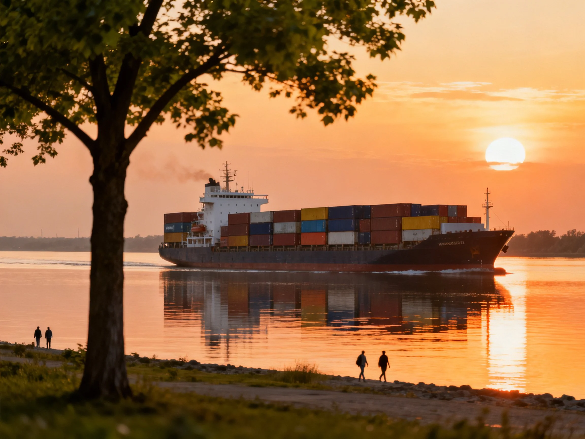 A large container ship sails near shore during golden hour