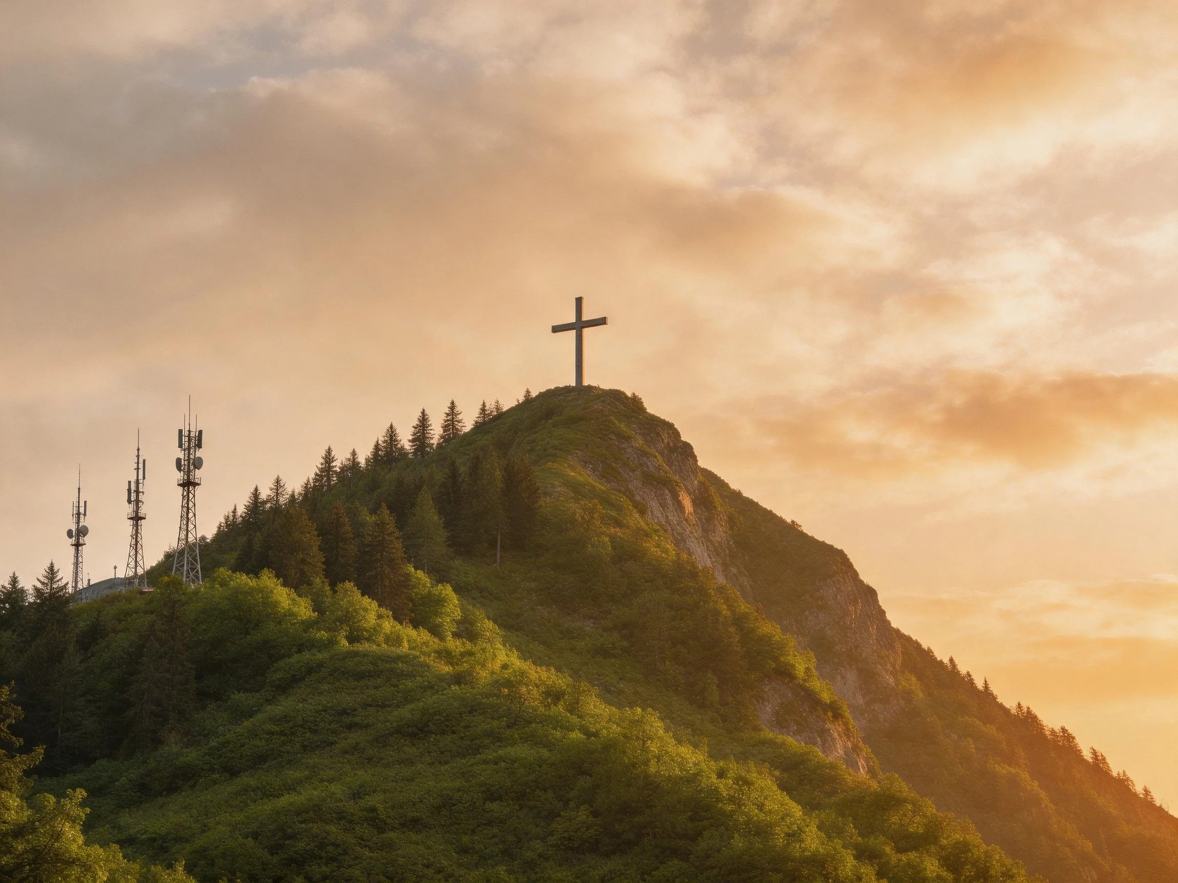 A large cross atop a forested mountain peak during golden-hour illumination