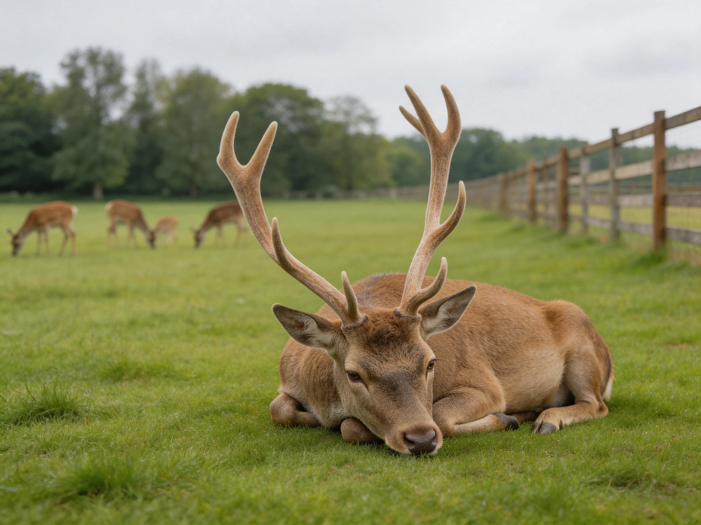 A large deer rests near a wooden fence with other deer grazing