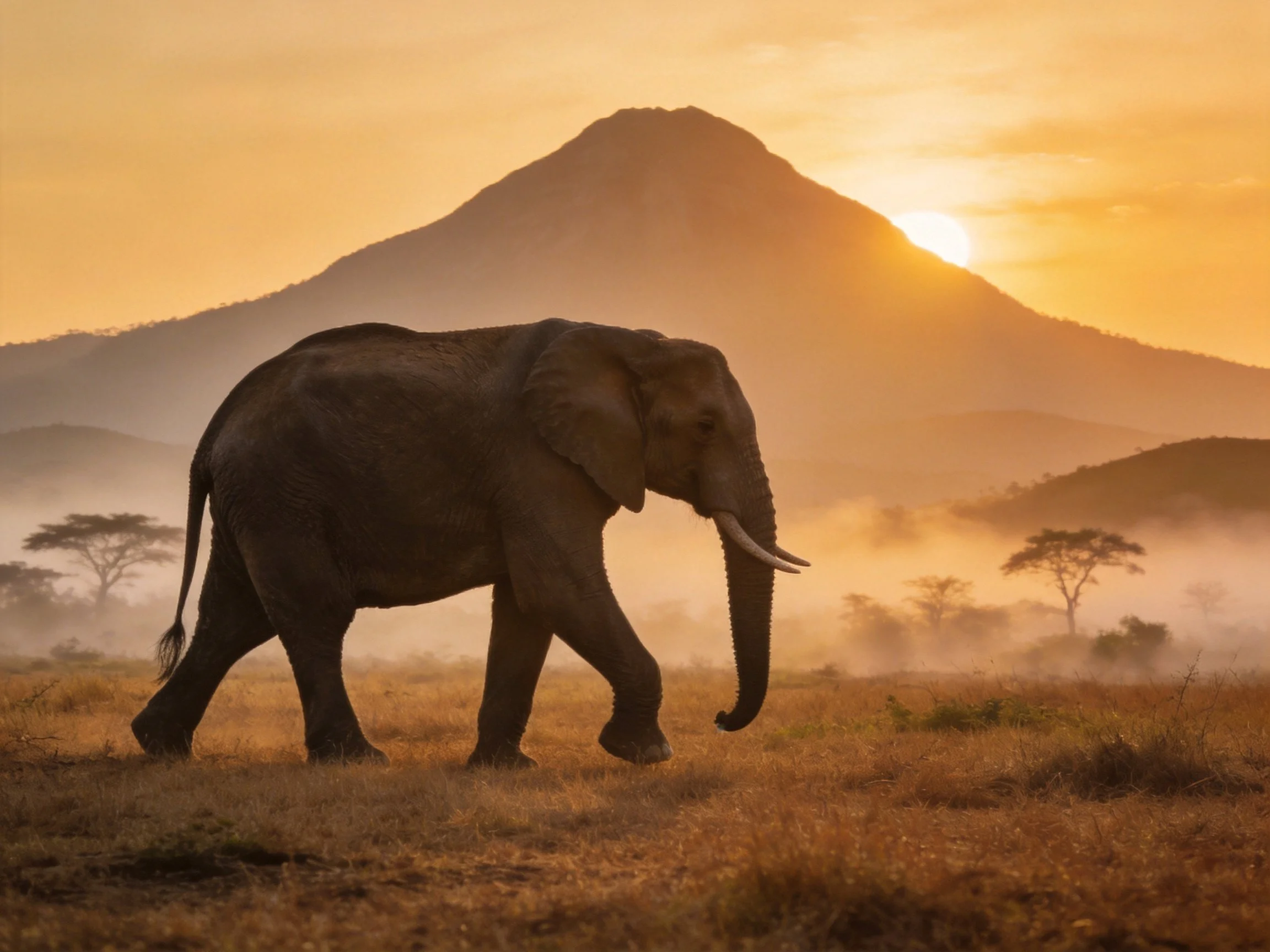 A large elephant walks near a misty mountain at golden hour