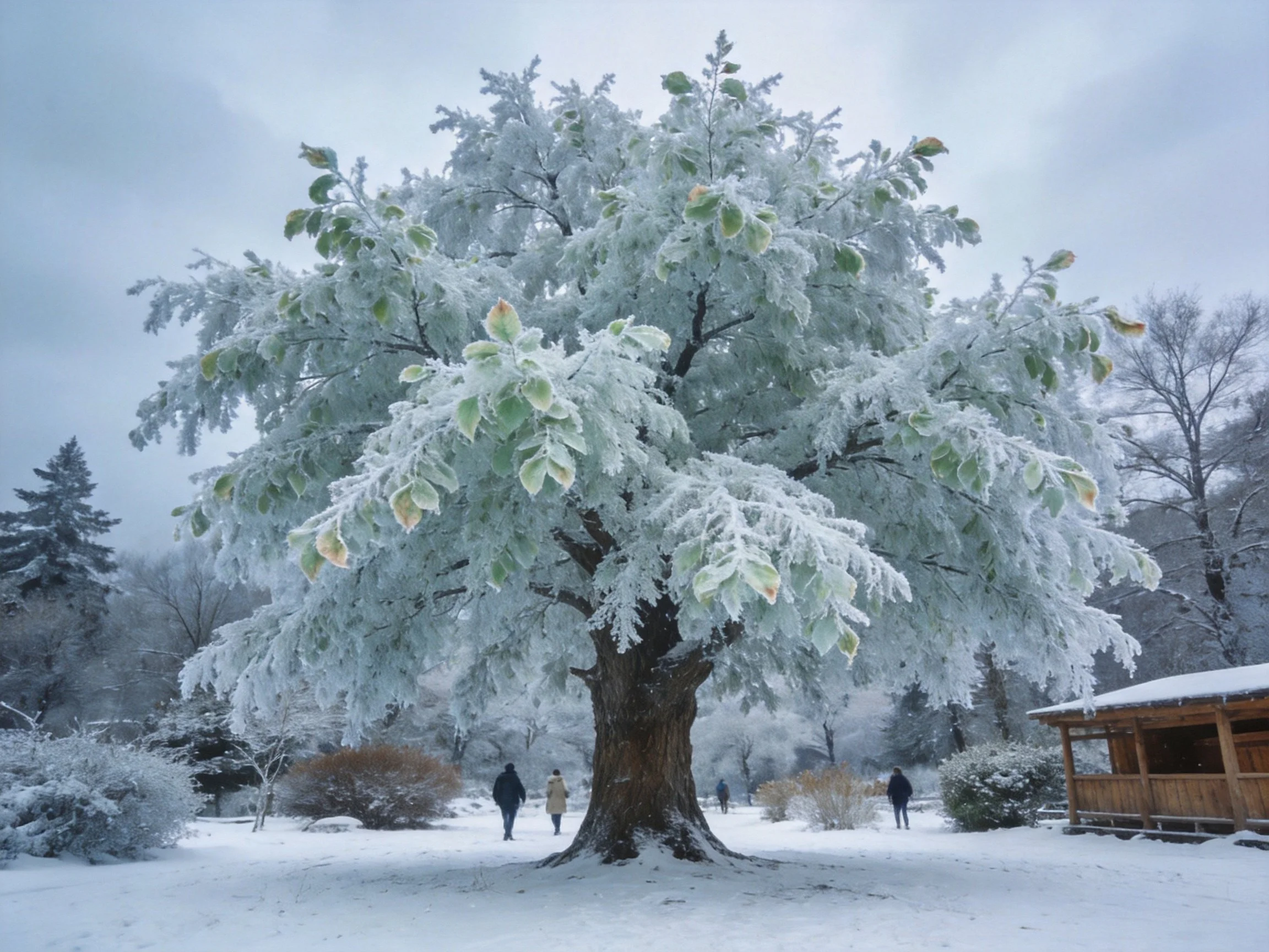 A large frost-coated tree in a snowy park