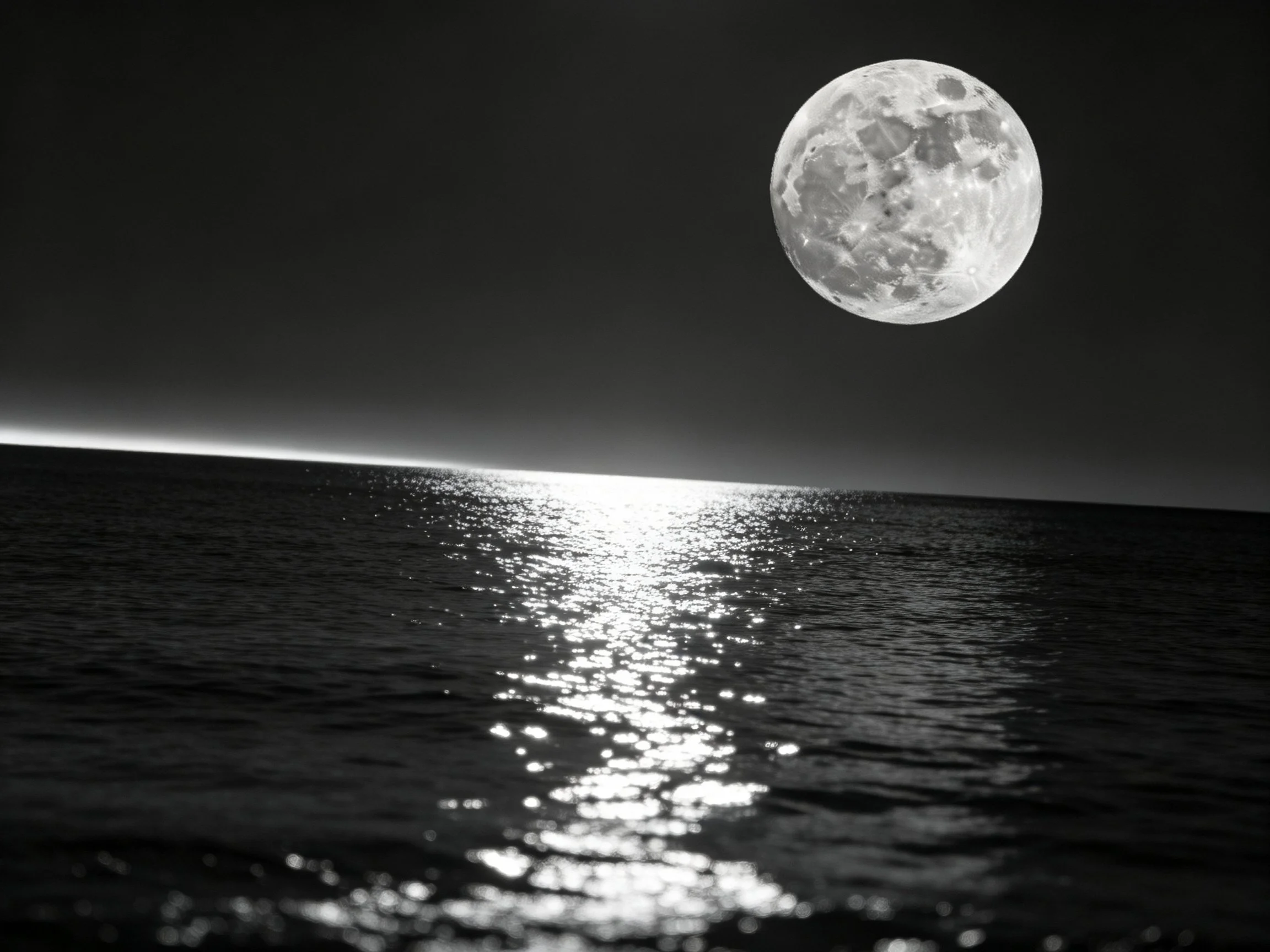 A large full moon illuminates dark ocean waters in monochrome