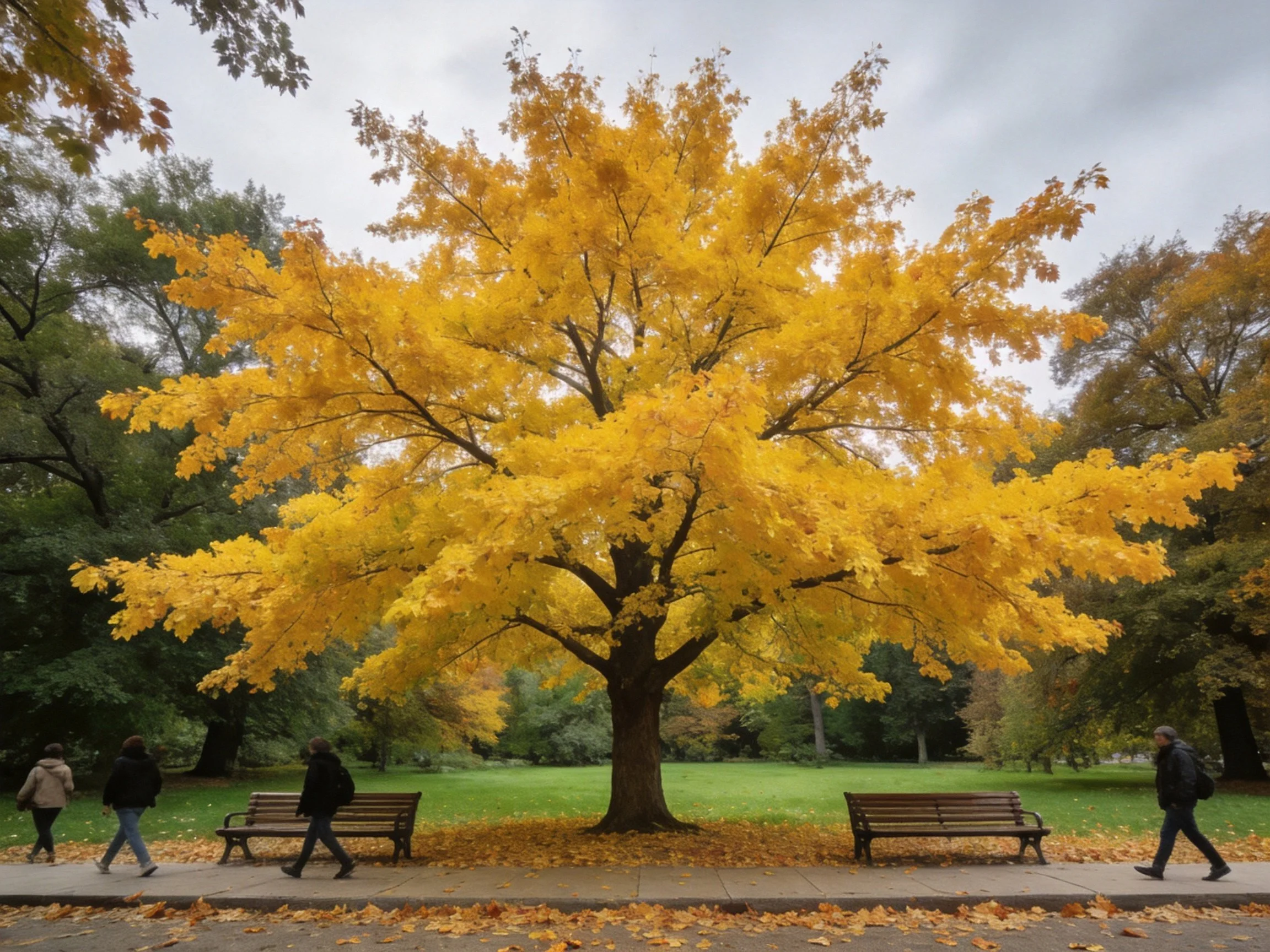 A large golden-leaved tree centered among park benches