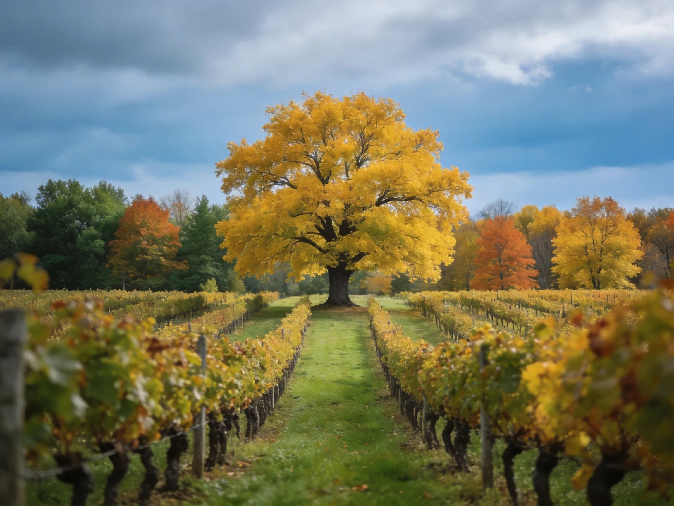 A large golden tree stands among autumn vineyard rows