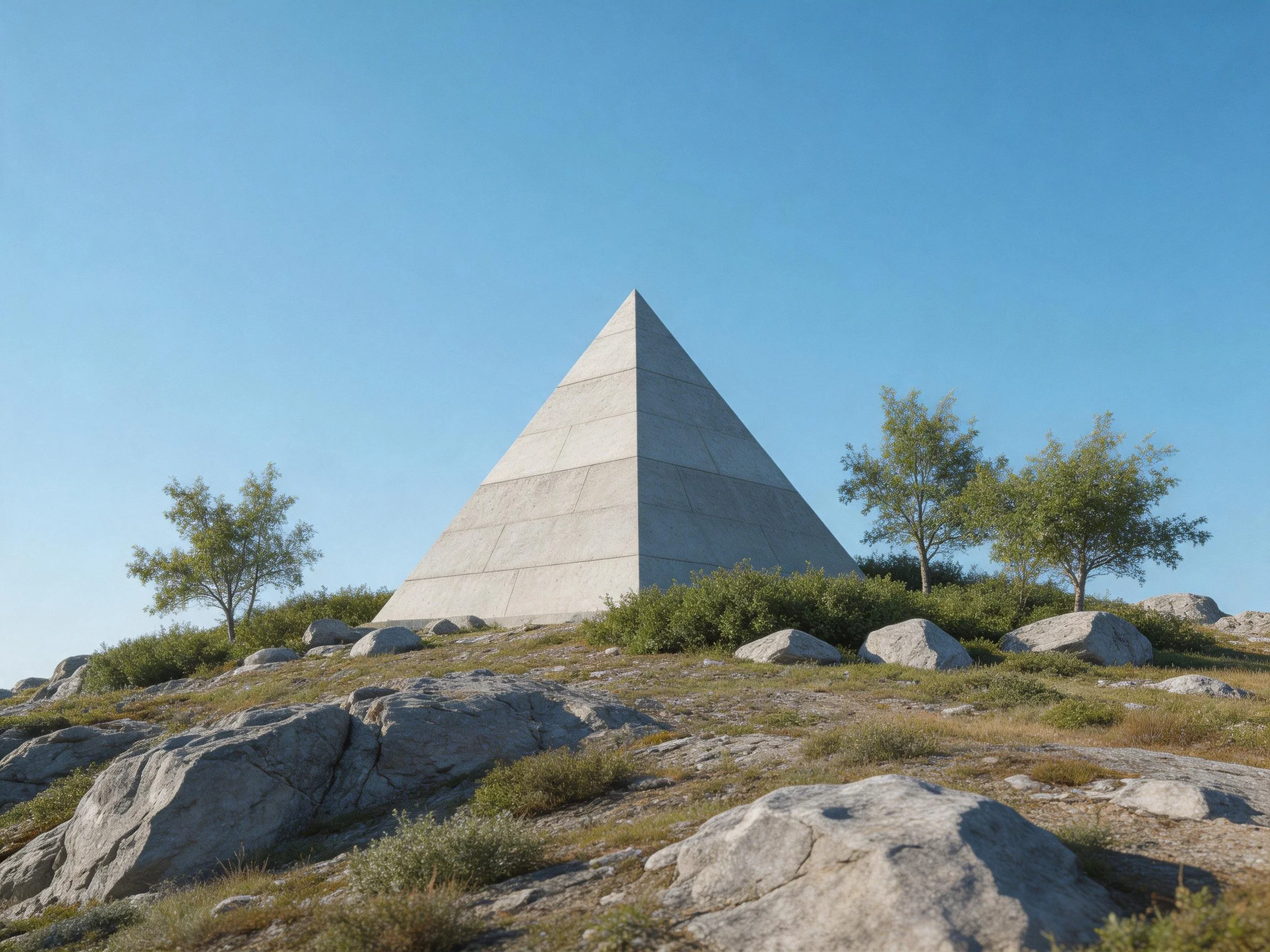 A large gray concrete pyramid on a rocky hillside