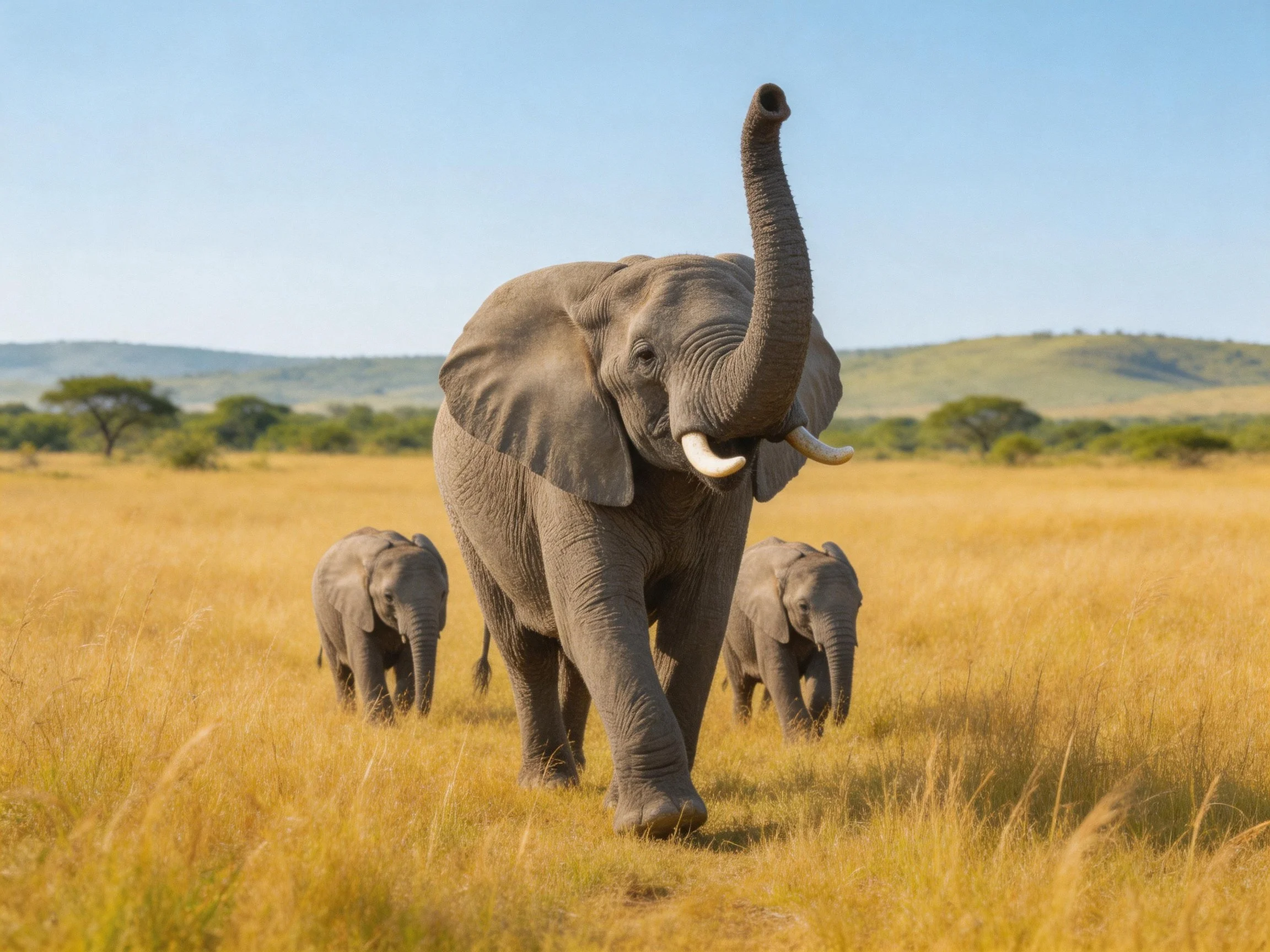 A large gray elephant leads two smaller elephants through golden savannah grasslands