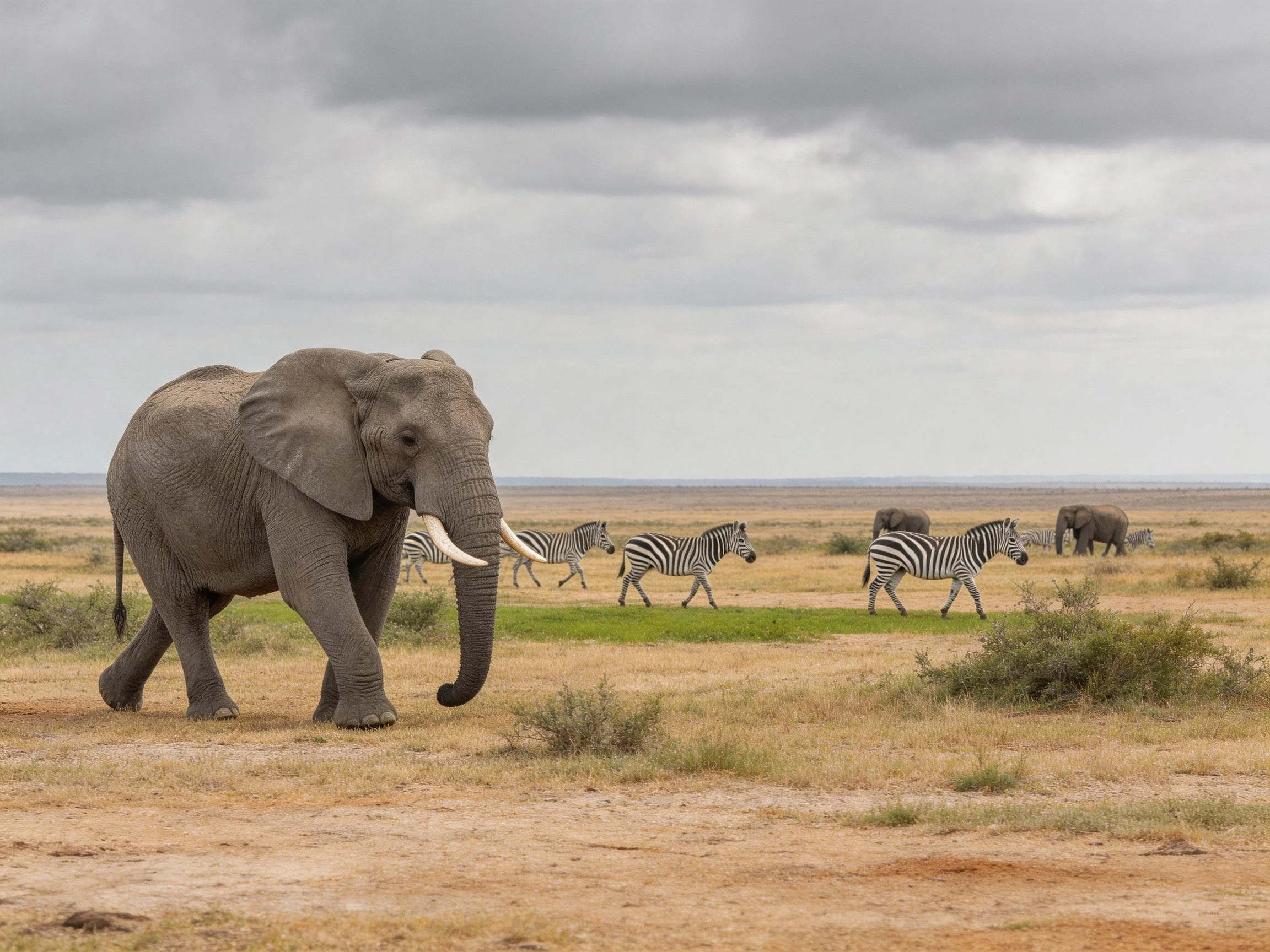 A large gray elephant near zebras on open savannah under overcast sky