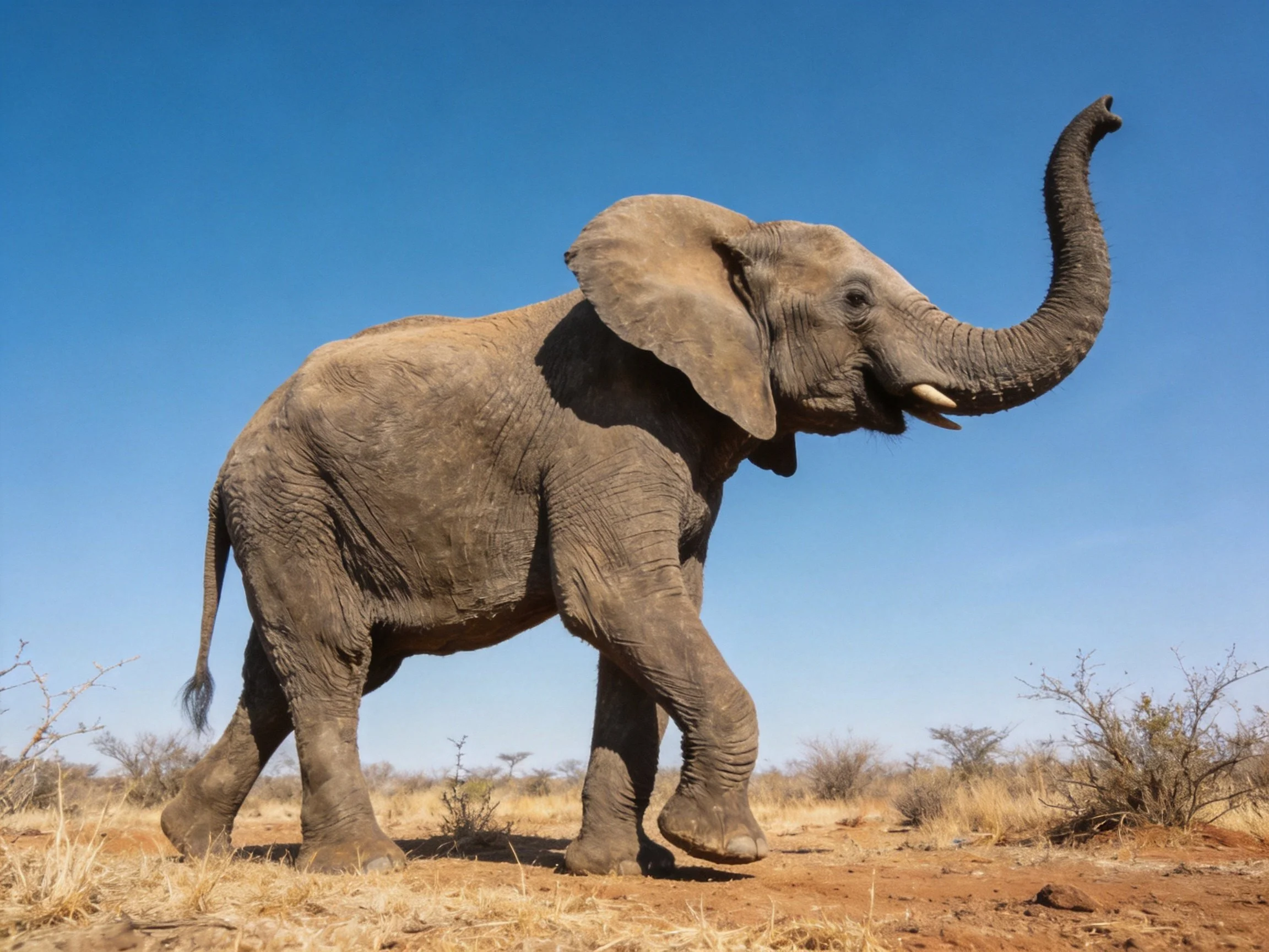 A large gray elephant walking in an arid savannah landscape