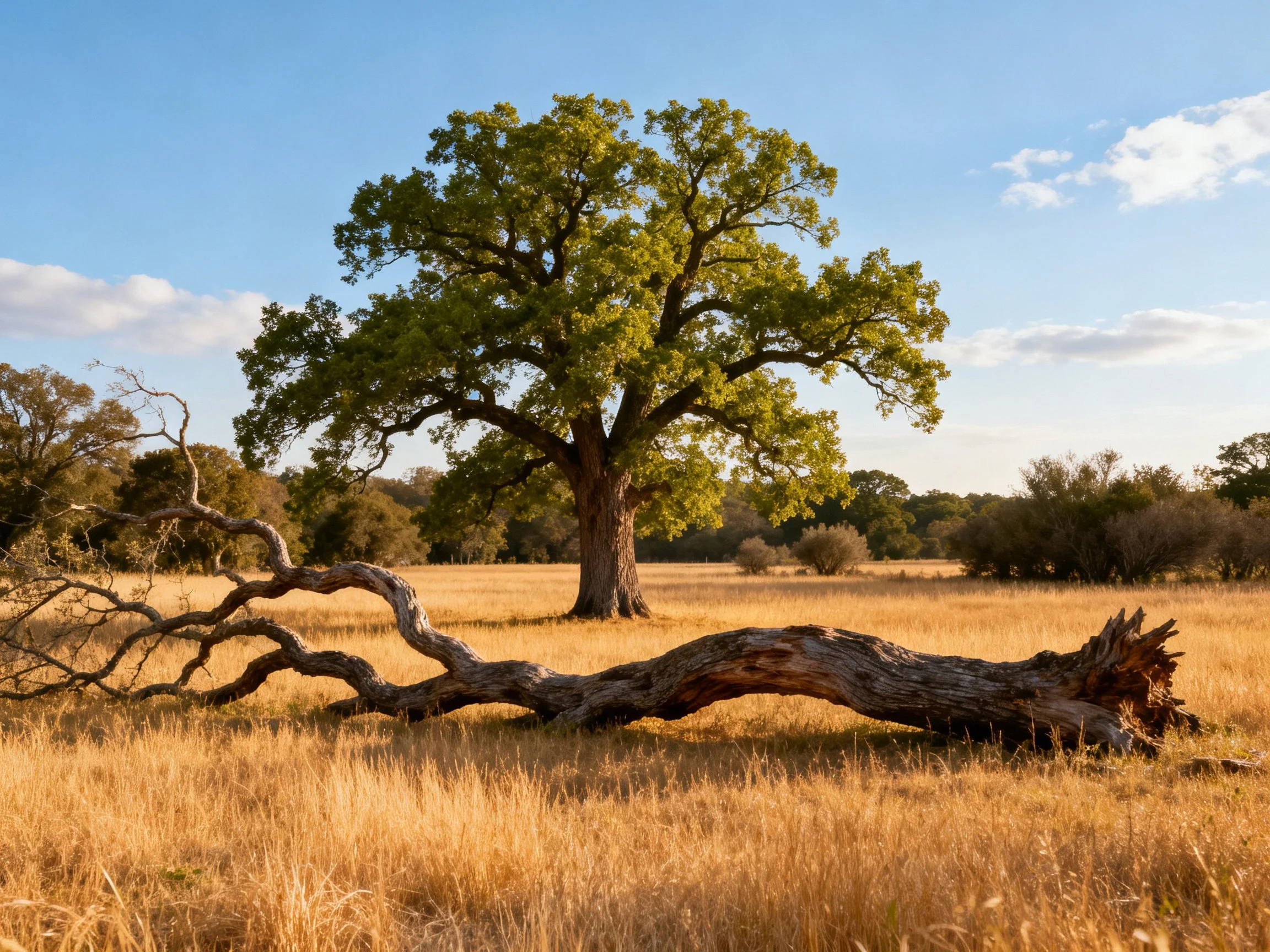 A large green oak beside a fallen log in golden grassland
