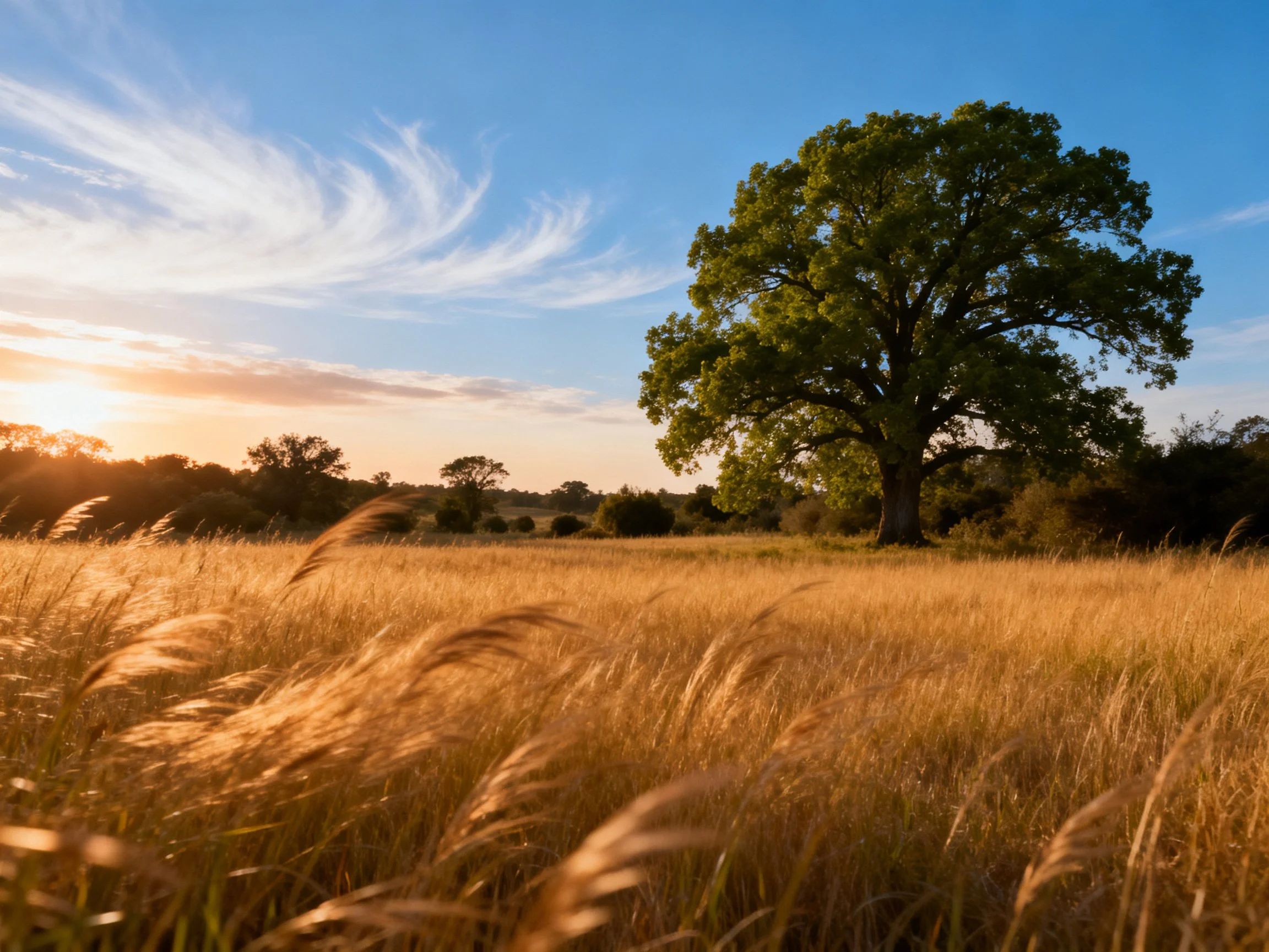 A large green oak stands in a golden grassy field under a blue sky with wispy clouds.