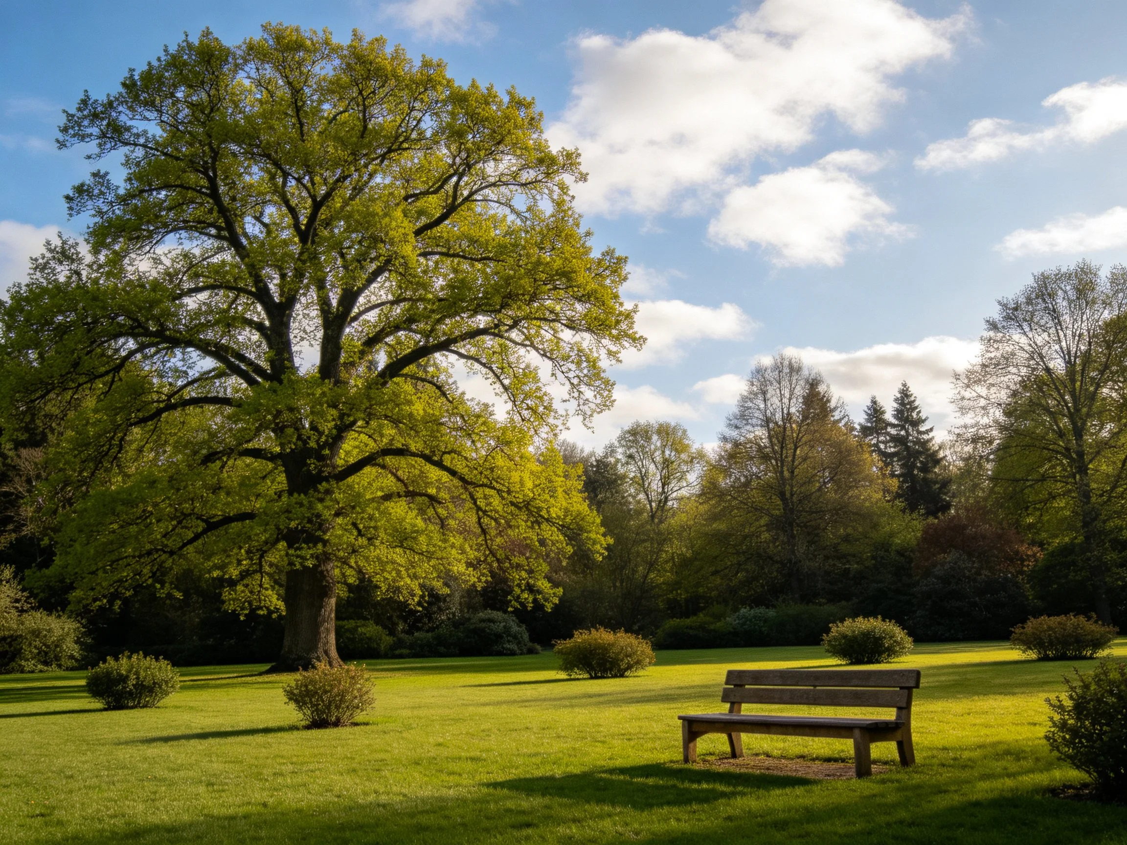 A large green oak tree in a sunlit park with a wooden bench
