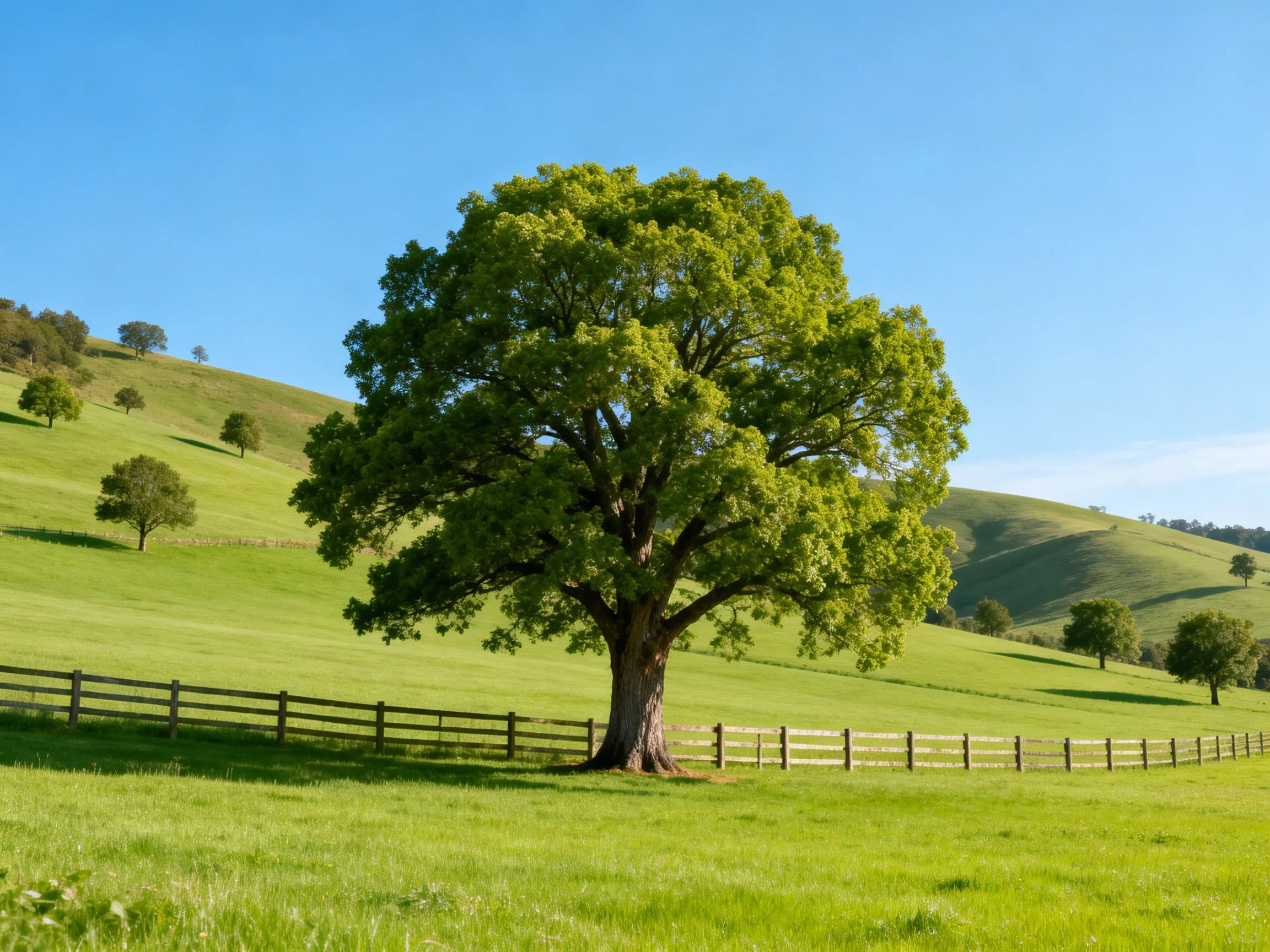 A large green oak tree in a sunny pasture with rolling hills