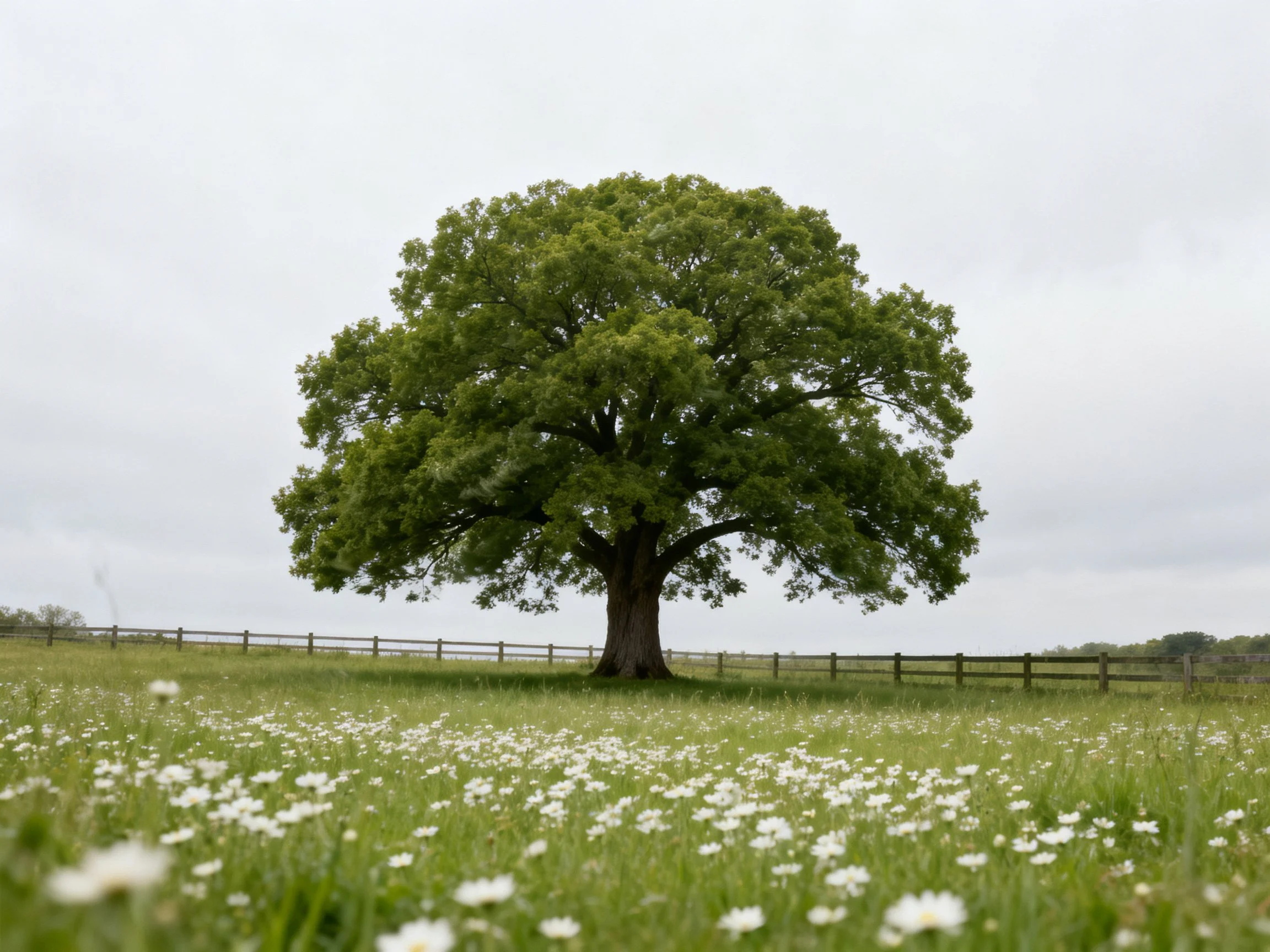 A large green oak tree stands alone in a flower-filled meadow with a wooden fence
