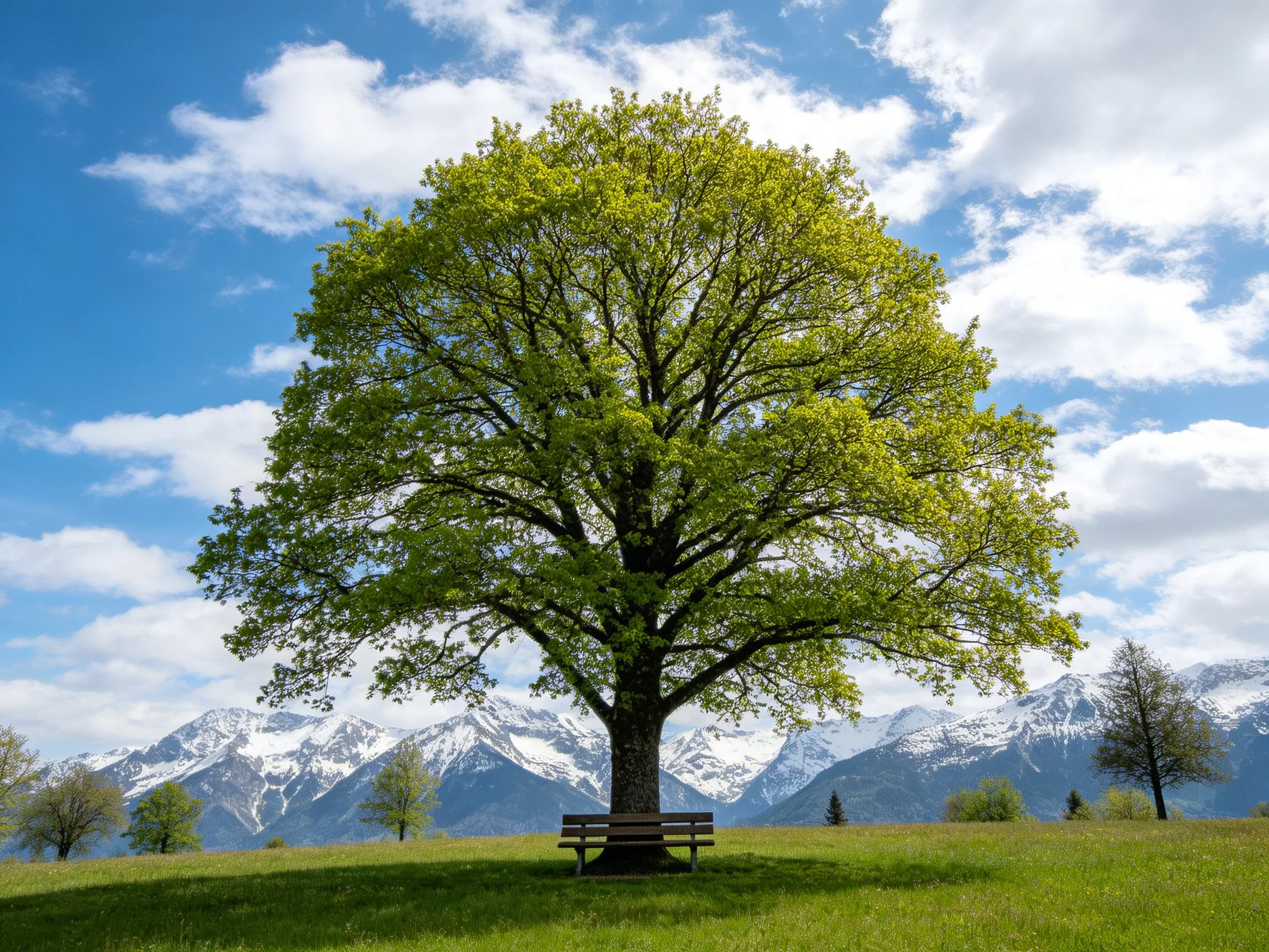 A large green tree with a bench near snow-capped mountains