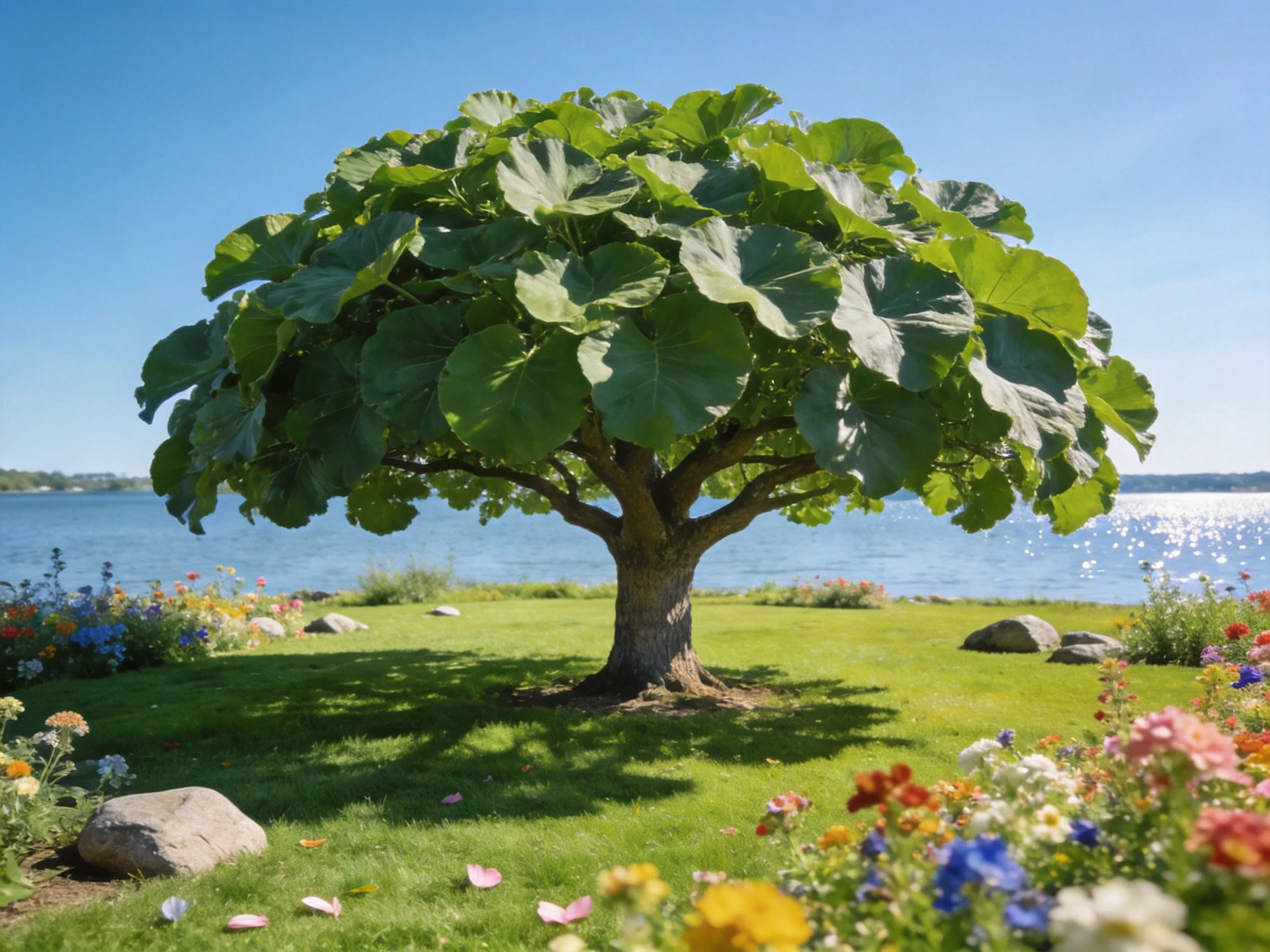 A large leafy tree centered among flower beds by a shimmering water body