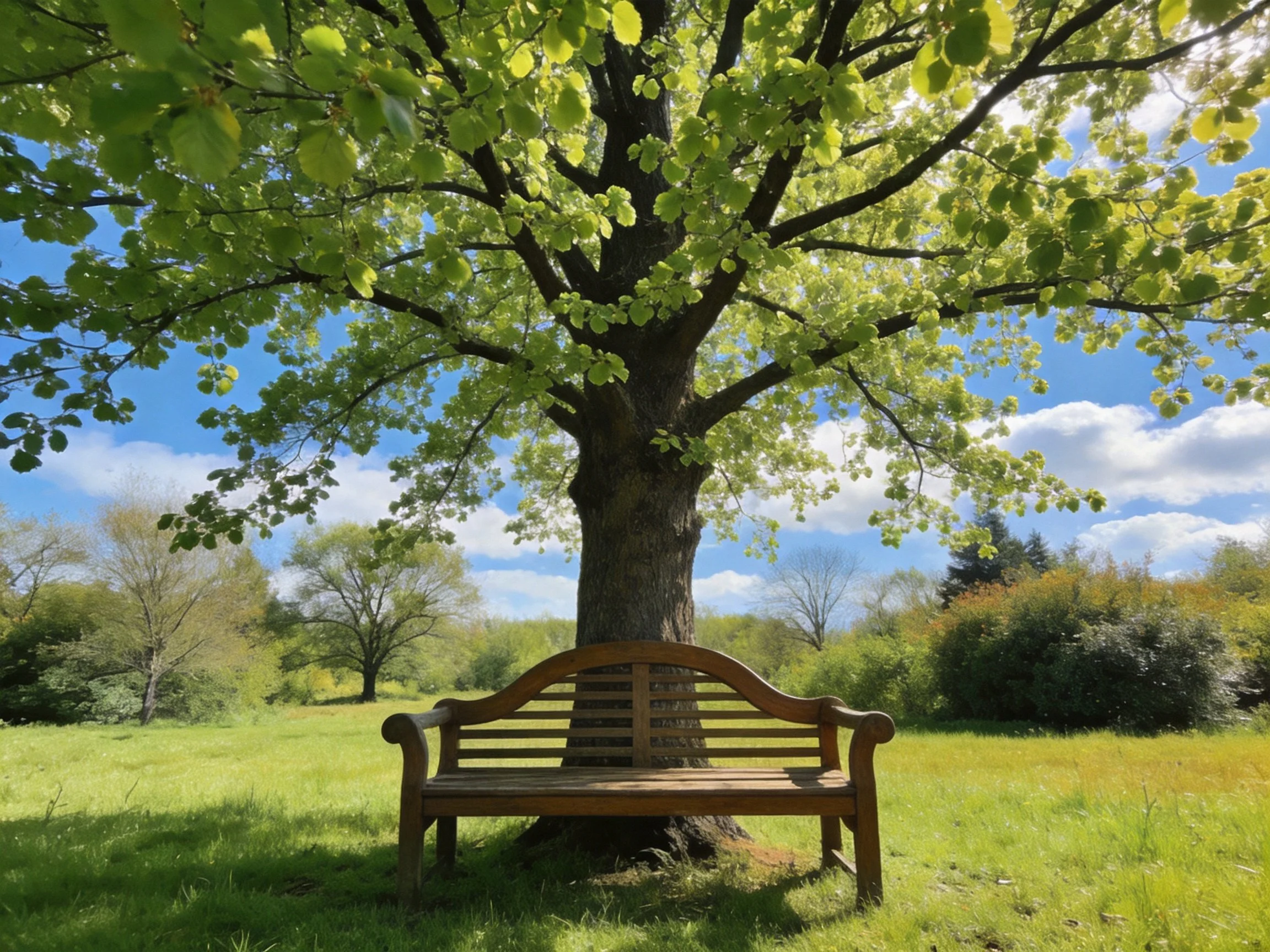 A large leafy tree with a wooden bench in a sunny grassy field