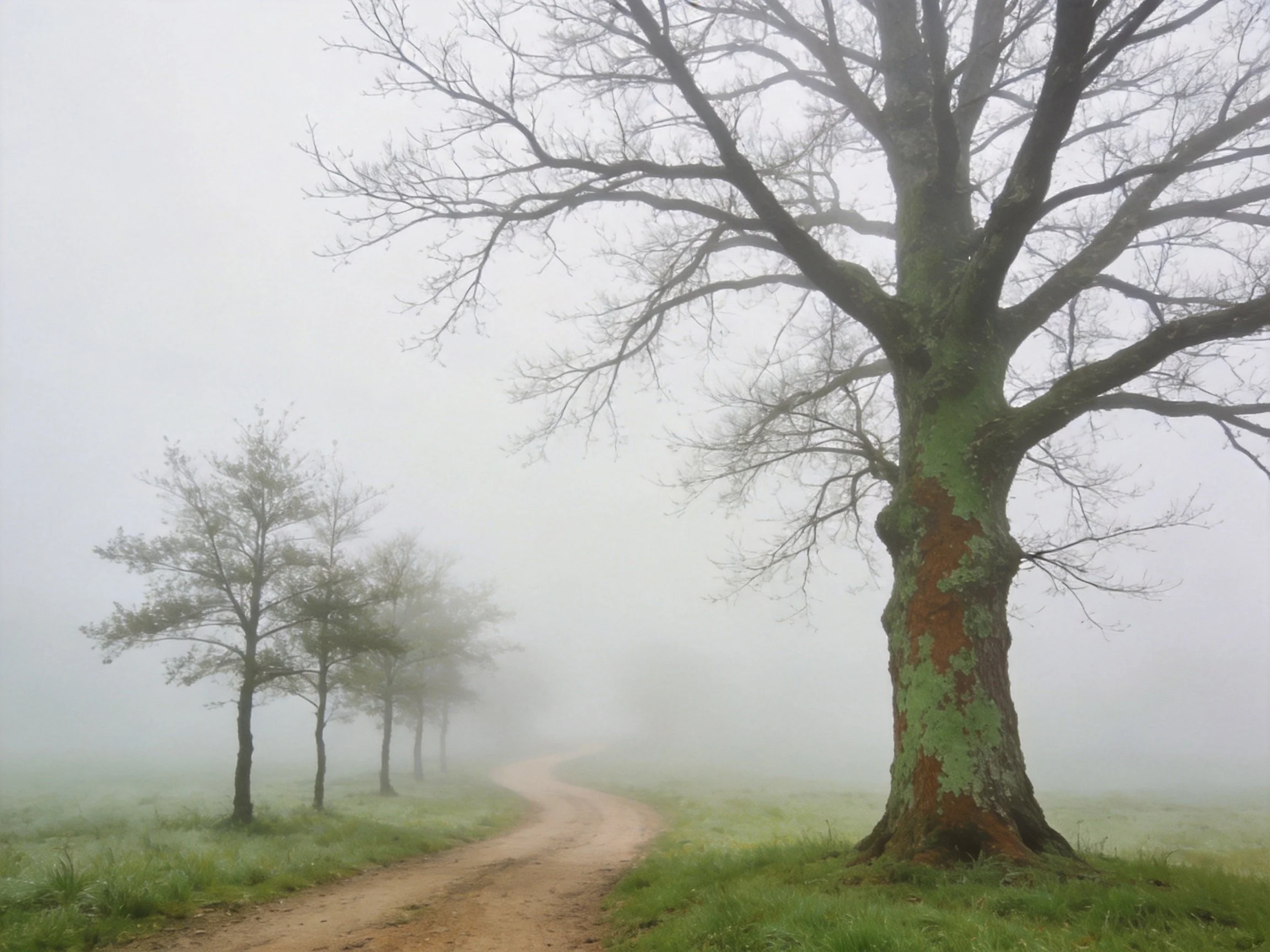 A large lichen-draped tree alongside a winding dirt path in dense fog
