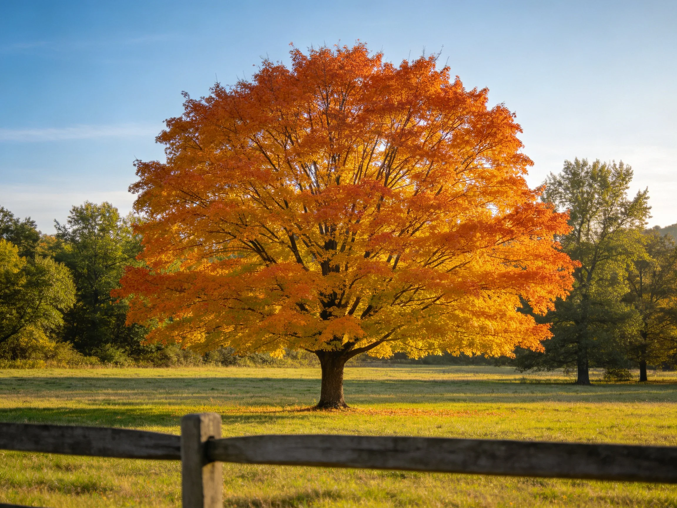 A large maple tree with golden-orange autumn foliage in an open field