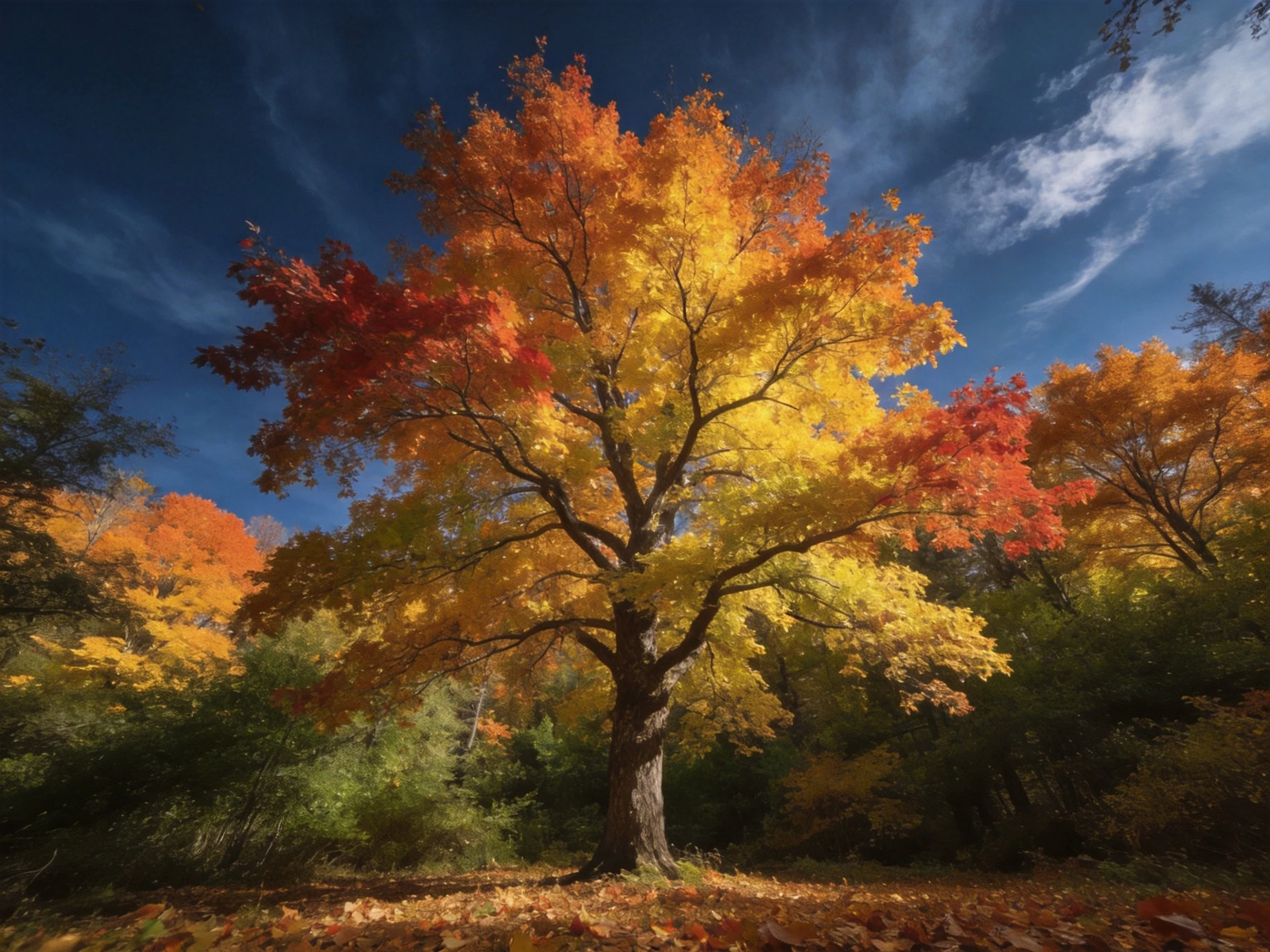 A large maple tree with vibrant fall foliage against a clear blue sky